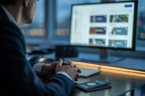 Business professional conducting digital identity verification with passport visible on workstation.