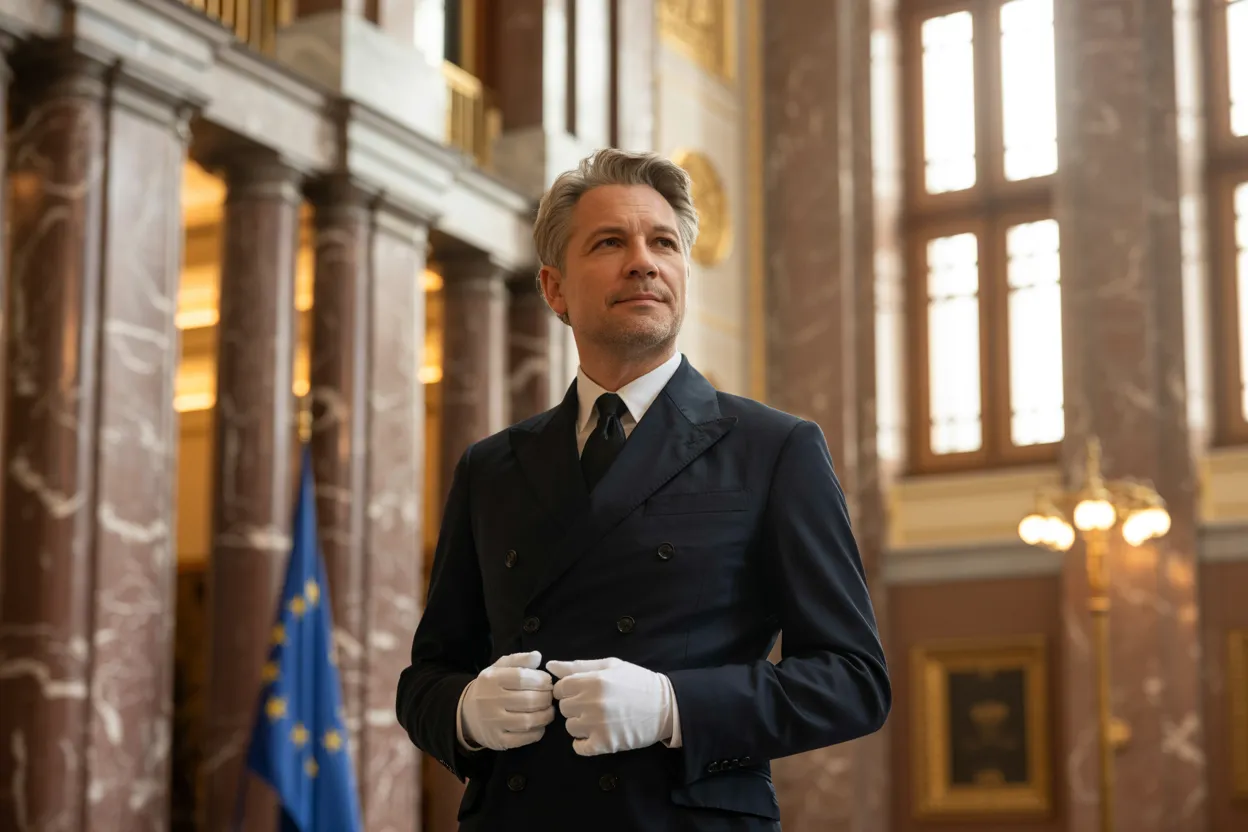Senior European official in formal attire with EU flag in institutional building.