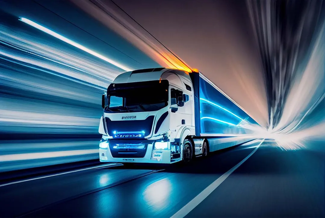 Futuristic semi driving through tunnel delivering house hold goods shipment.