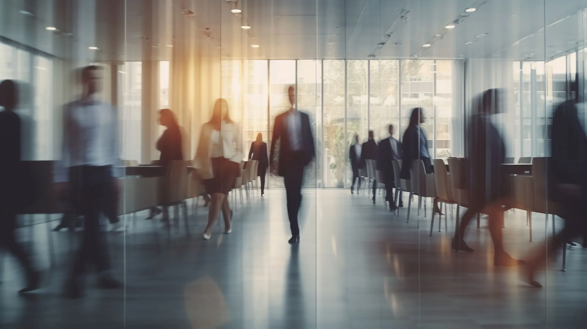 Abstract photo of conference room with various professionals walking around.
