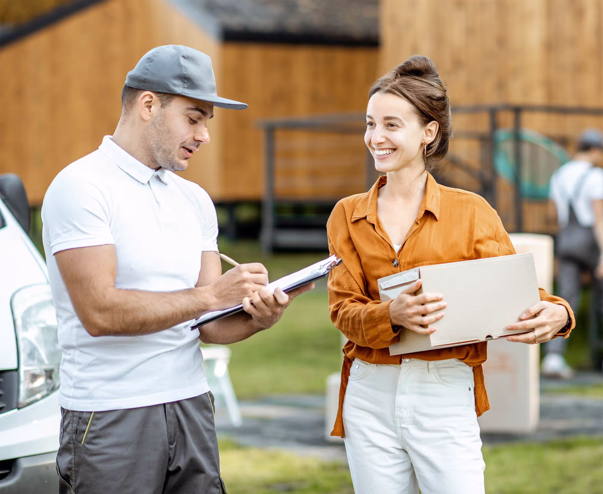 Woman moving talking to service partner