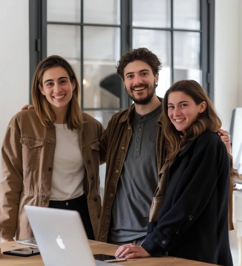 Tres jóvenes sonrientes de pie juntos cerca de una mesa con una laptop abierta en una habitación iluminada.