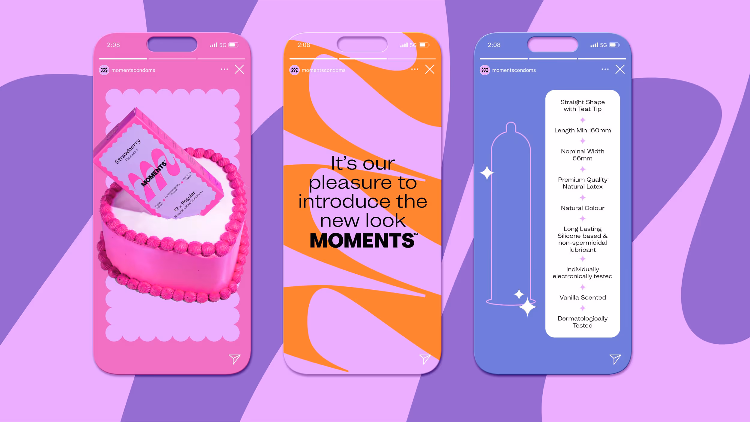 Three smartphone screens showing Moments condoms branding: left screen with strawberry-flavored condom box on a pink heart-shaped cake, center screen introducing new Moments logo on orange and purple background, right screen listing condom features with a simple condom outline on purple background.