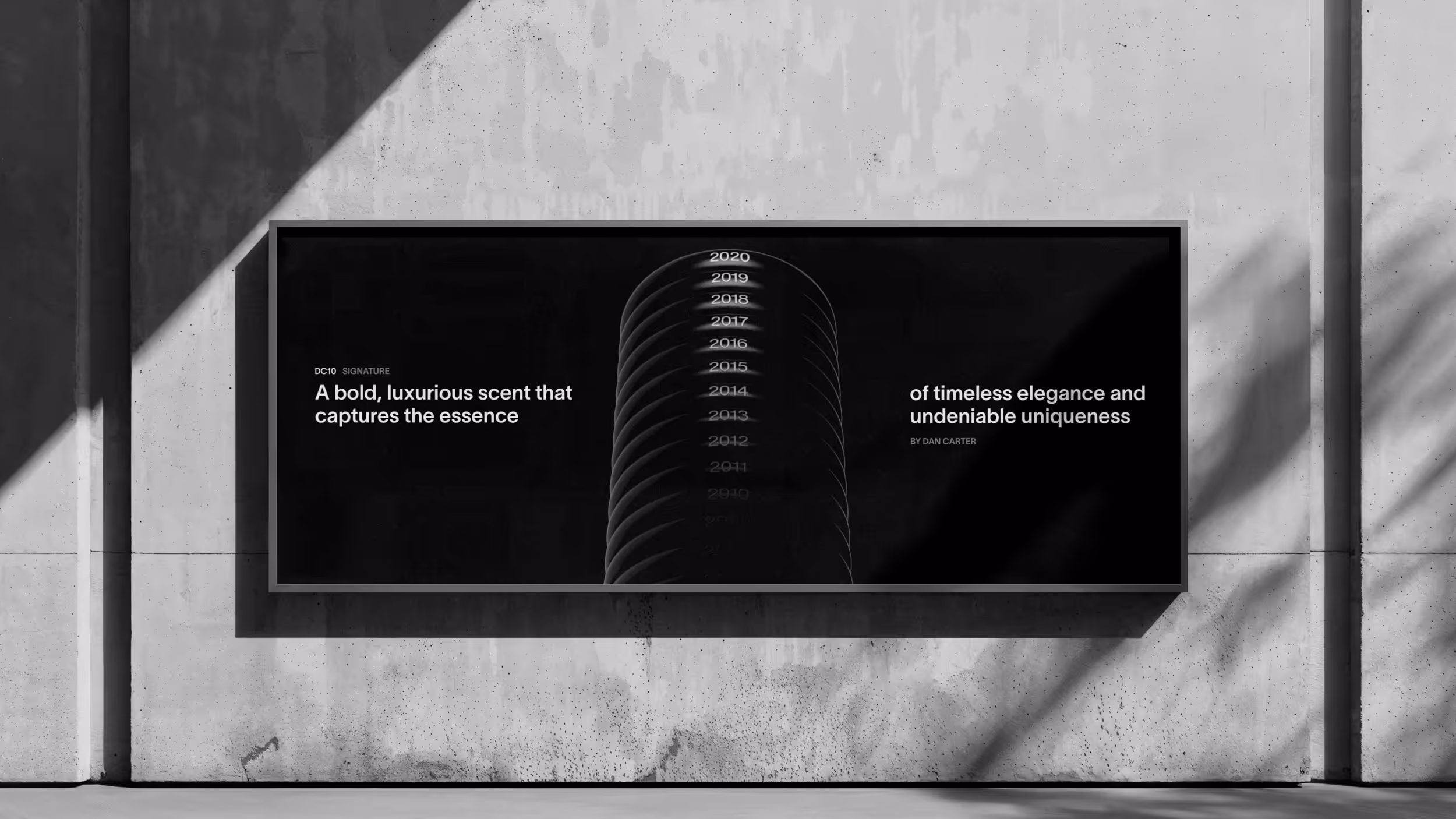 Black billboard on concrete wall with text about a bold, luxurious scent conveying timeless elegance and uniqueness, alongside a vertical spiral graphic with years from 2010 to 2020.