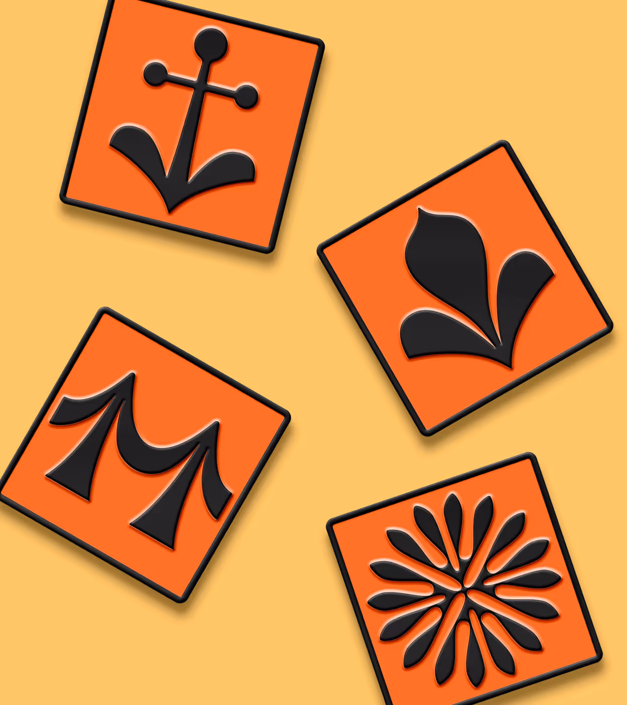Four orange square badges with distinct black abstract floral and geometric designs on a yellow background.