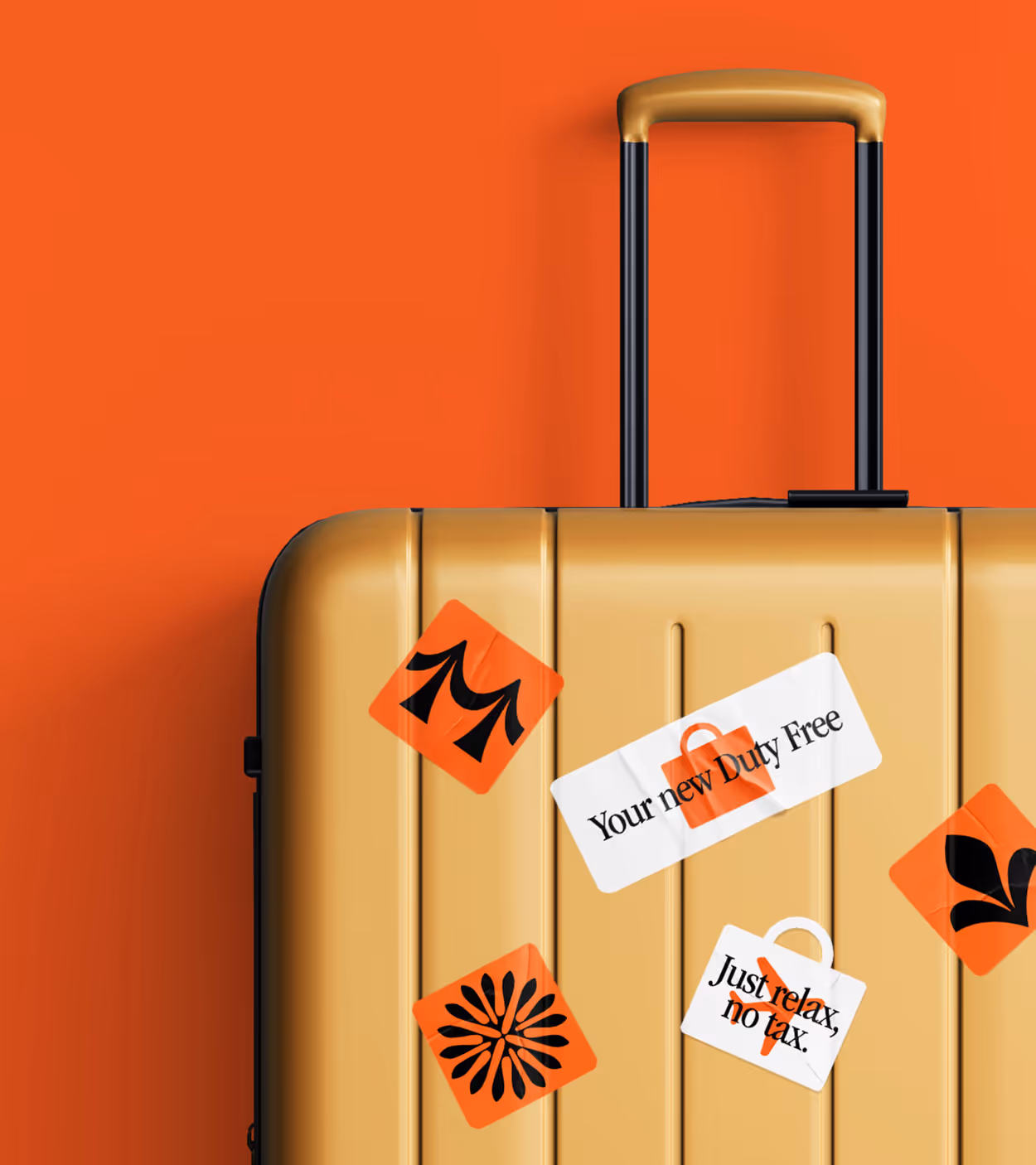 Gold suitcase with stickers on an orange background, including ones saying 'Your new Duty Free' and 'Just relax, no tax.'