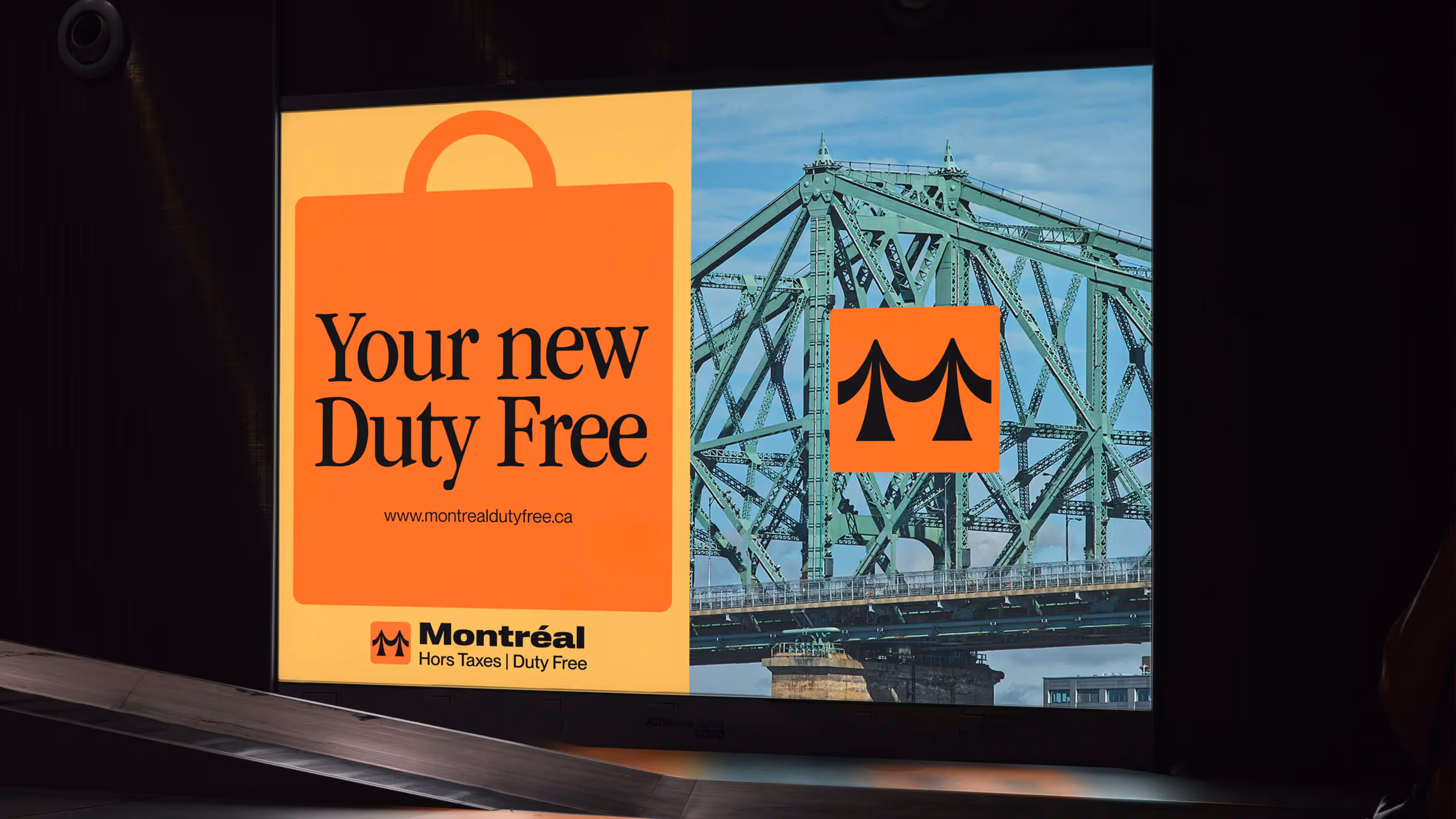 Montreal Duty Free advertisement featuring a green steel bridge and an orange shopping bag graphic with text 'Your new Duty Free'.