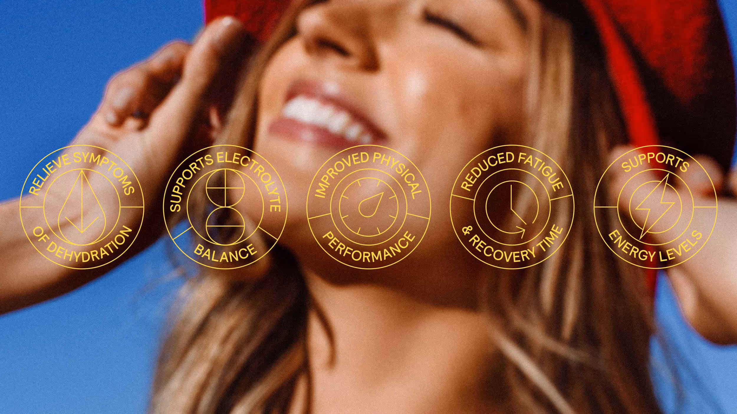 Smiling woman wearing a red hat with five yellow circular icons showing benefits: relieves symptoms of dehydration, supports electrolyte balance, improved physical performance, reduced fatigue and recovery time, supports energy levels.