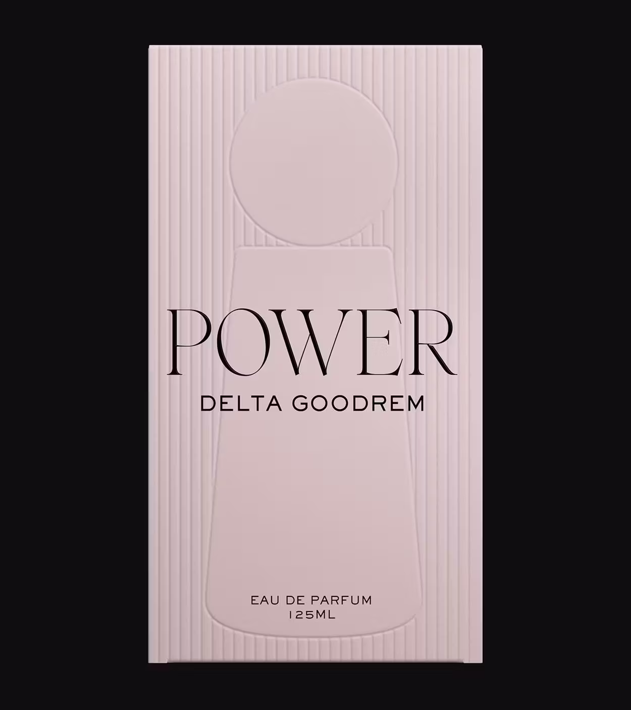 Pink rectangular perfume box with embossed abstract figure, labeled 'POWER DELTA GOODREM' and 'EAU DE PARFUM 125ML'.