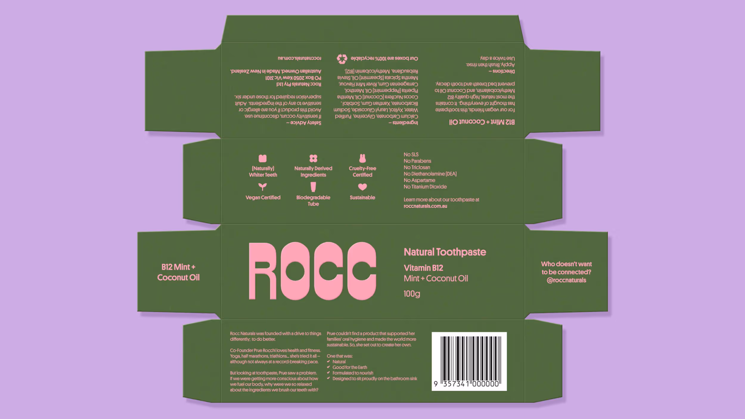 Flat green packaging dieline for ROCC natural toothpaste with pink text highlighting Vitamin B12 and mint + coconut oil flavor, product benefits, ingredients, certifications, and barcode.