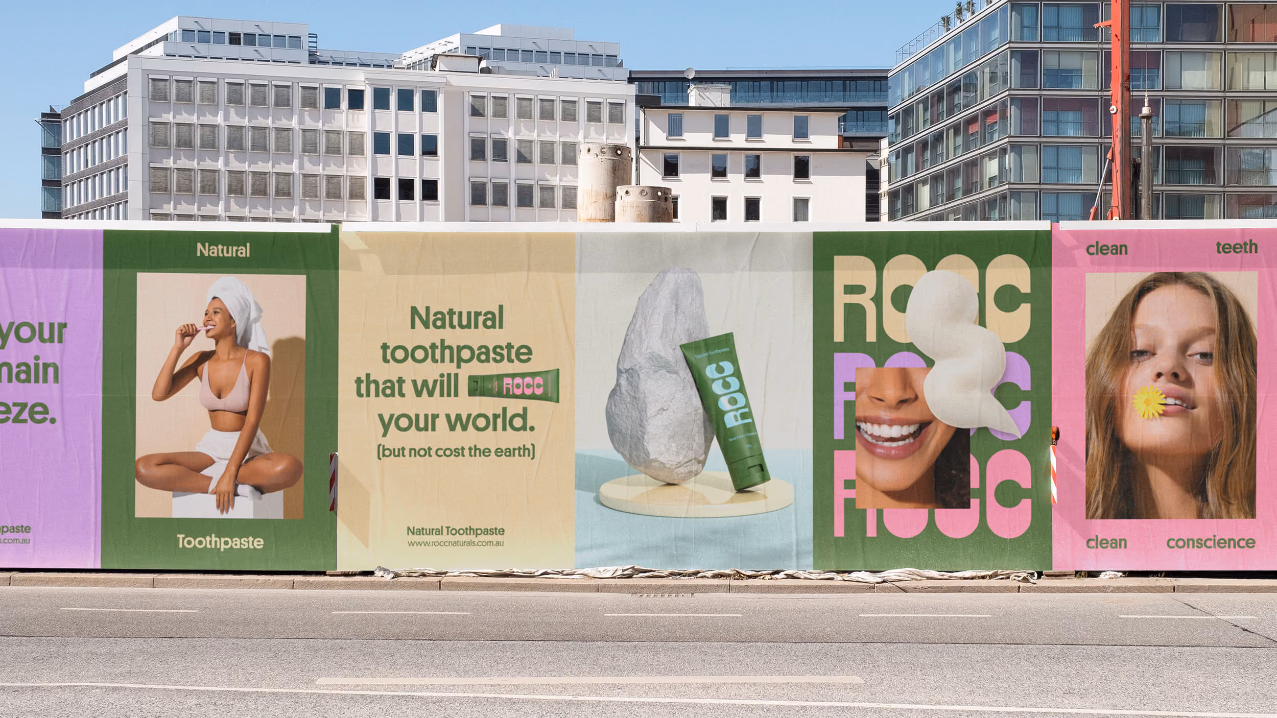 Outdoor billboard ads for ROCC natural toothpaste featuring a woman brushing teeth, a toothpaste tube with a rock, and smiling faces with flowers and foam.