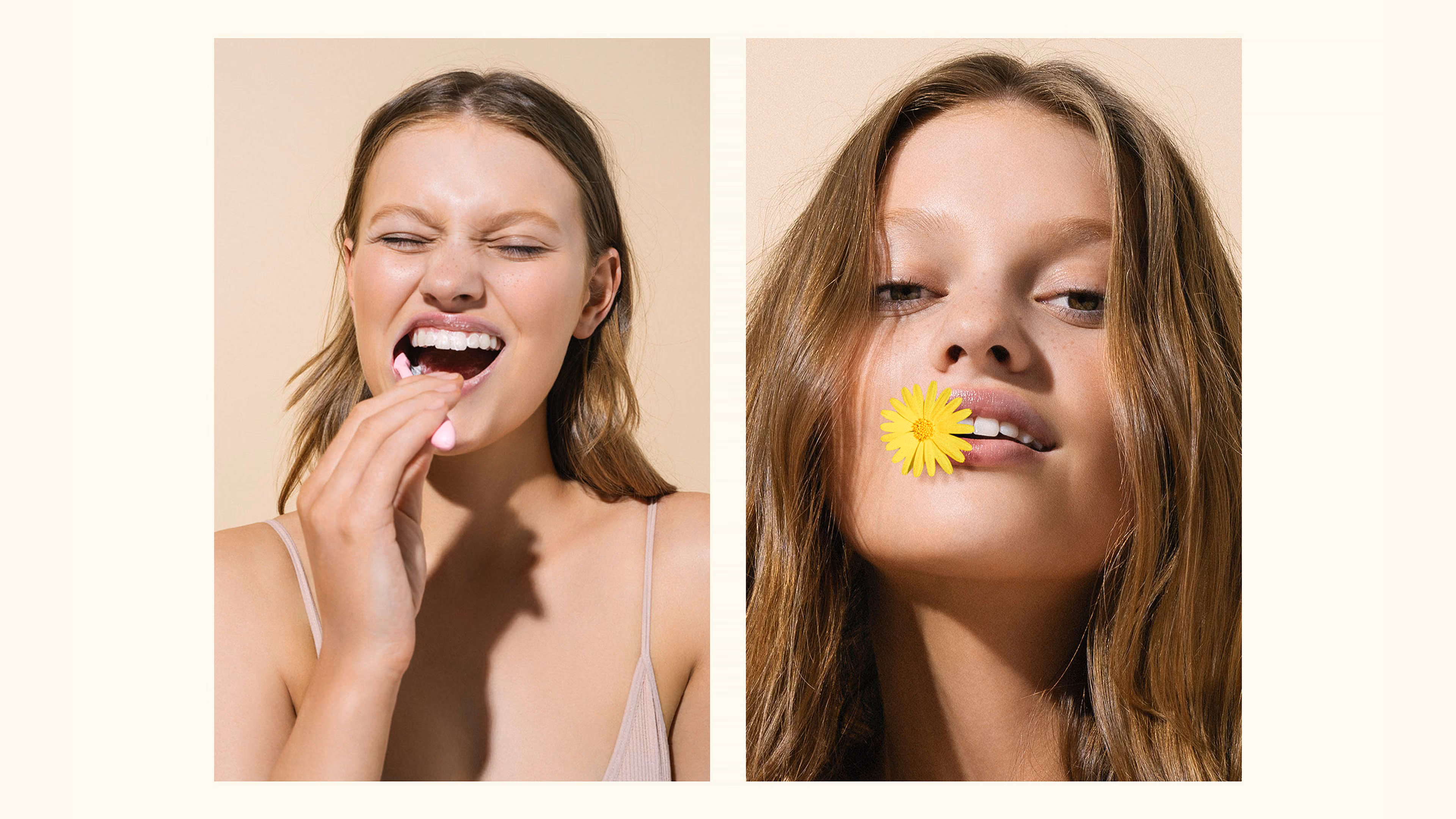 Side-by-side portraits of a woman, left brushing her teeth with eyes closed, right holding a yellow daisy in her mouth.