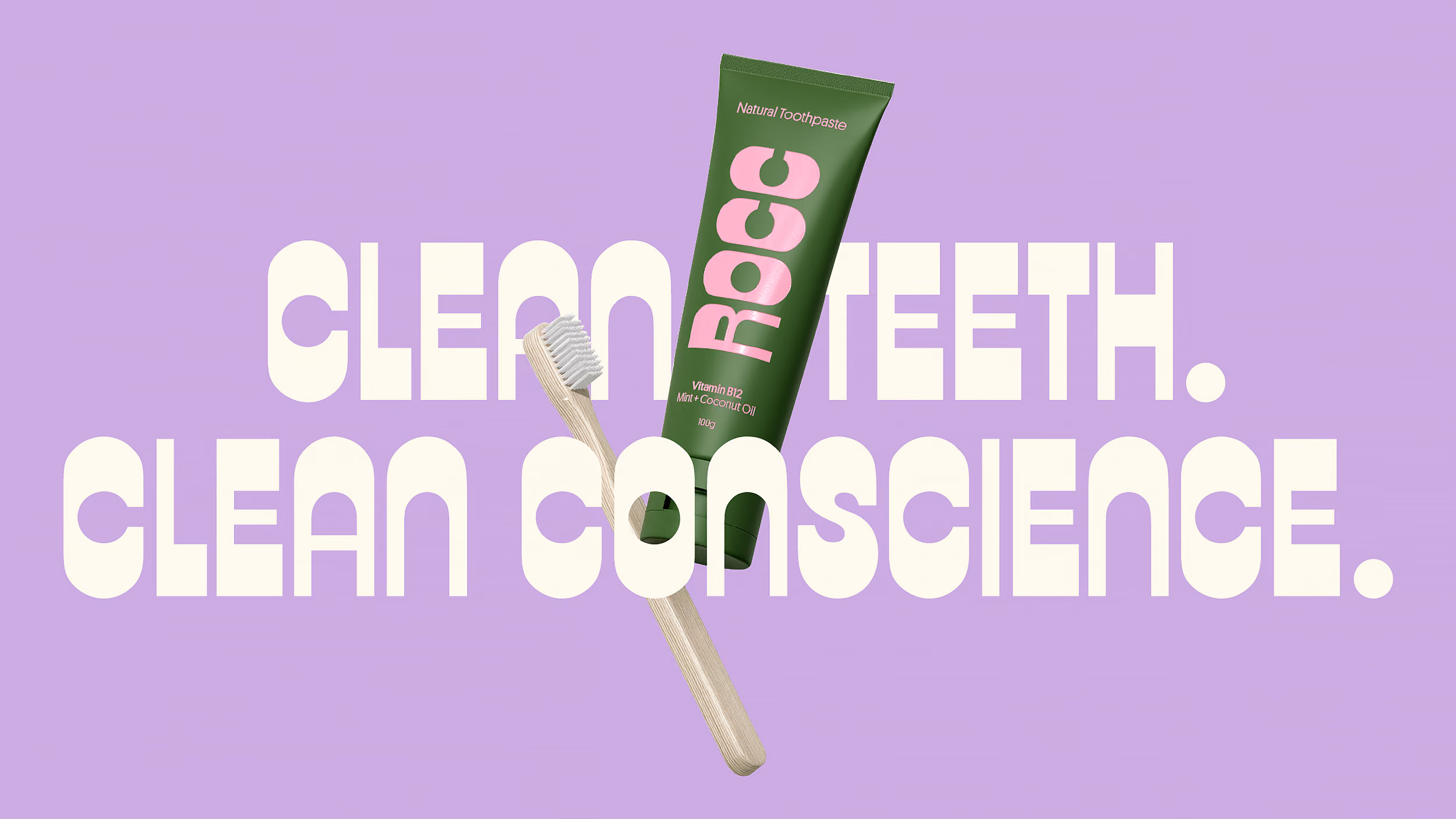 Bamboo toothbrush and green tube of ROCC natural toothpaste with text saying Clean teeth. Clean conscience.