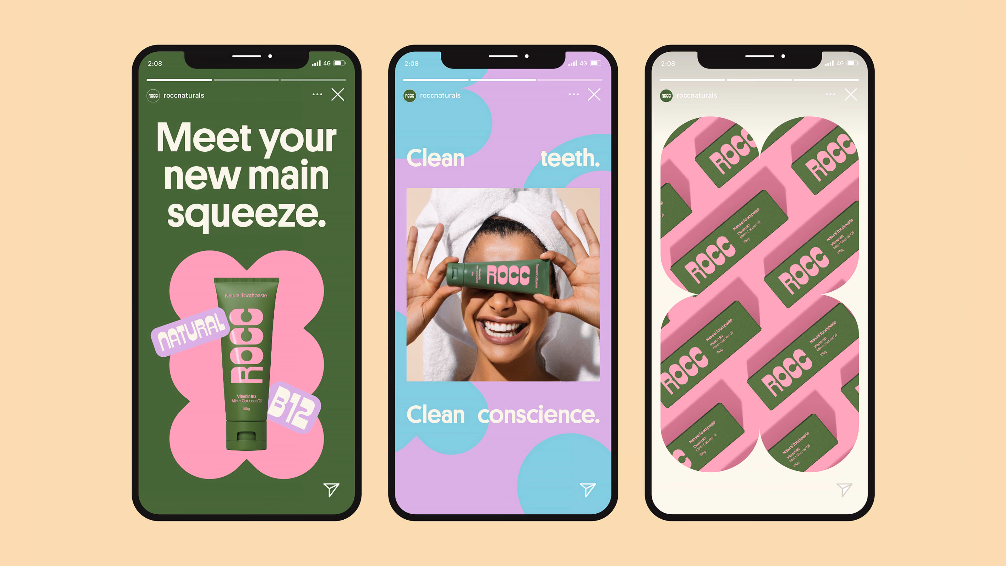 Three smartphone screens showing ROCC natural toothpaste ads: first with green tube on pink background and text 'Meet your new main squeeze'; second with smiling woman holding green tube over eyes with text 'Clean teeth. Clean conscience.'; third with repeated green toothpaste boxes on pink background.