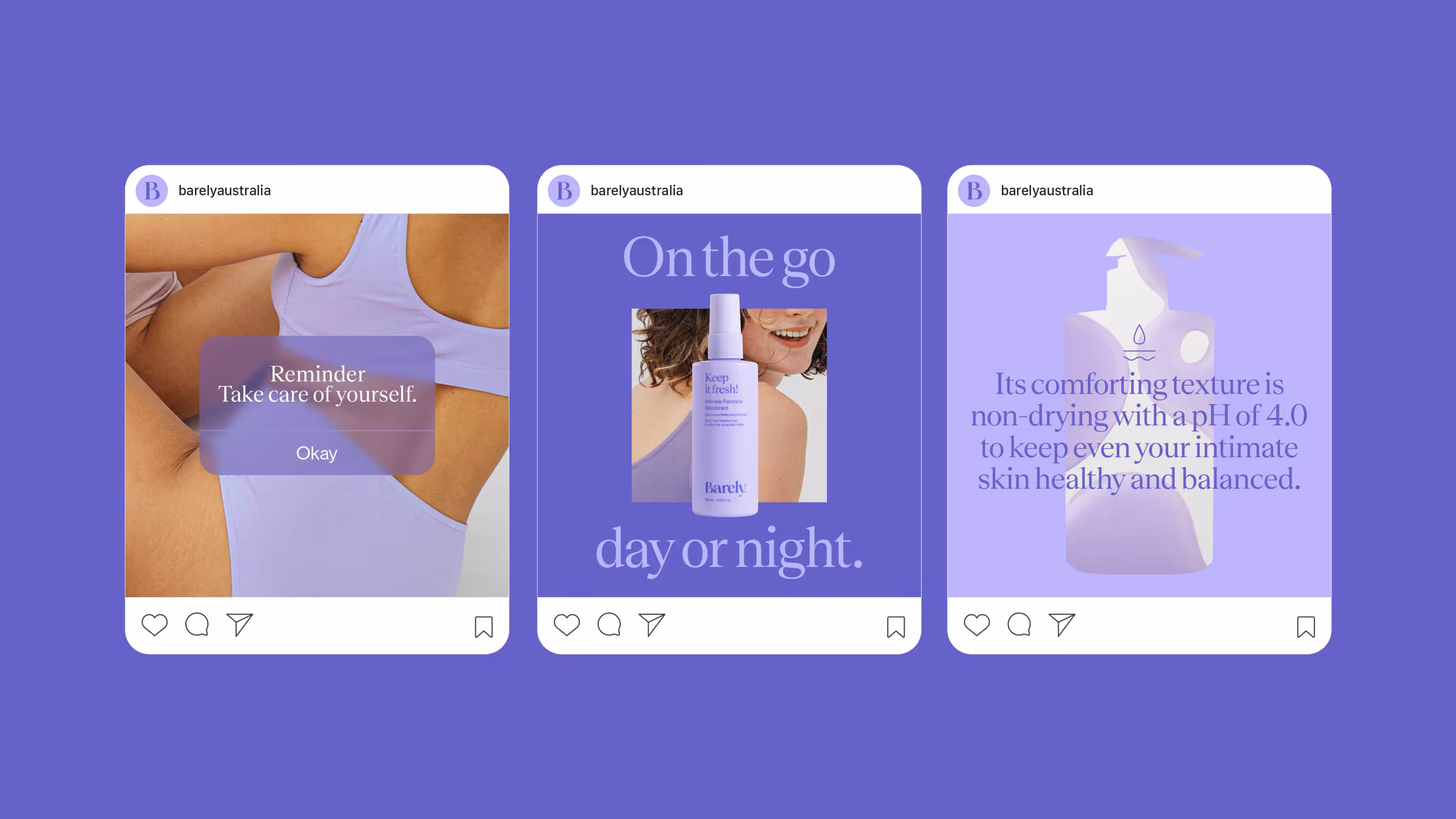 Three Instagram-style posts from barelyaustralia promoting intimate care: a woman in a lavender top with reminder text, a feminine deodorant spray with 'On the go day or night' text, and a lotion pump with product benefits about pH 4.0 for intimate skin.