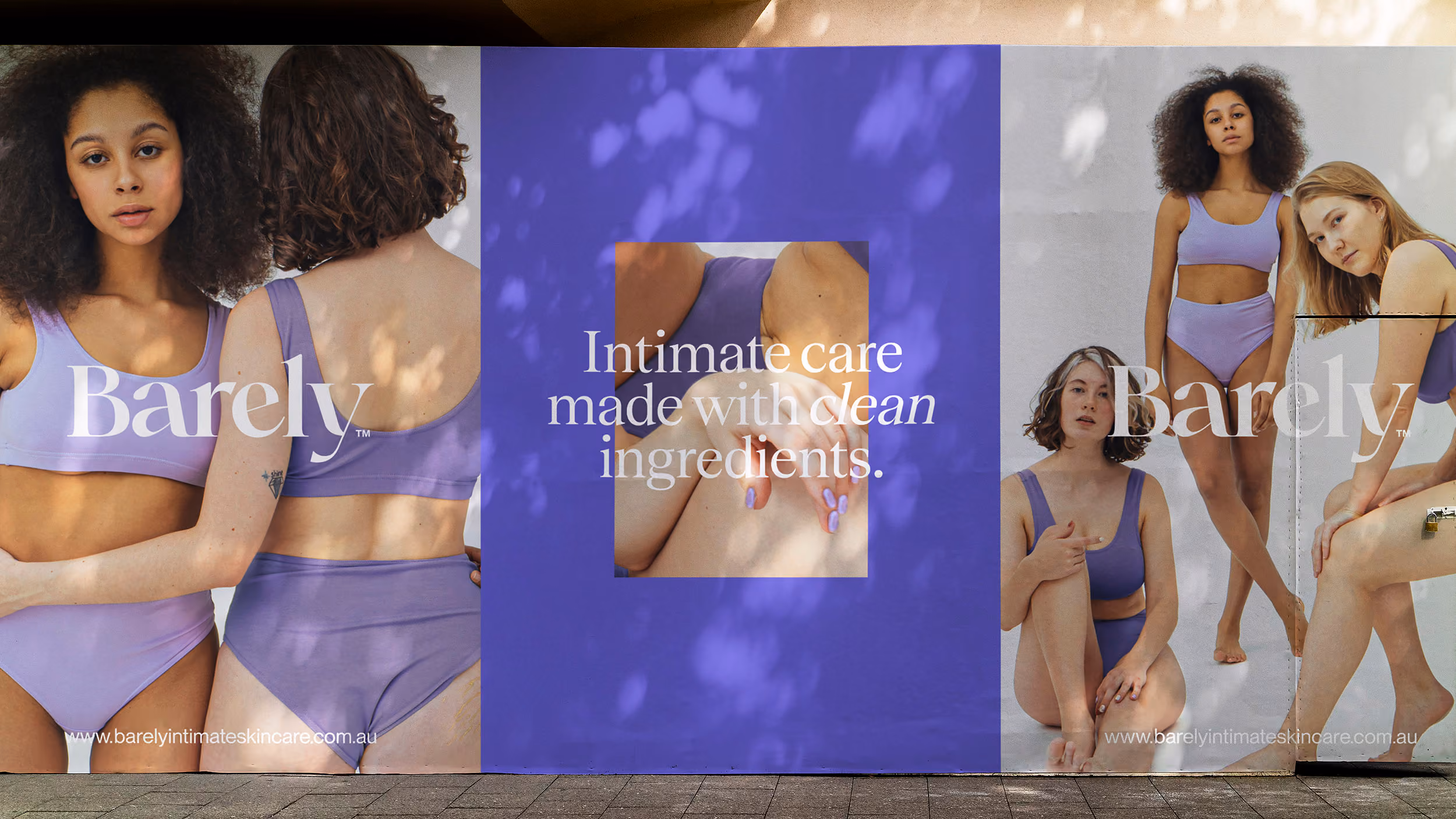 Advertisement banner featuring four women wearing lavender underwear, with text promoting Barely's intimate care products made with clean ingredients.