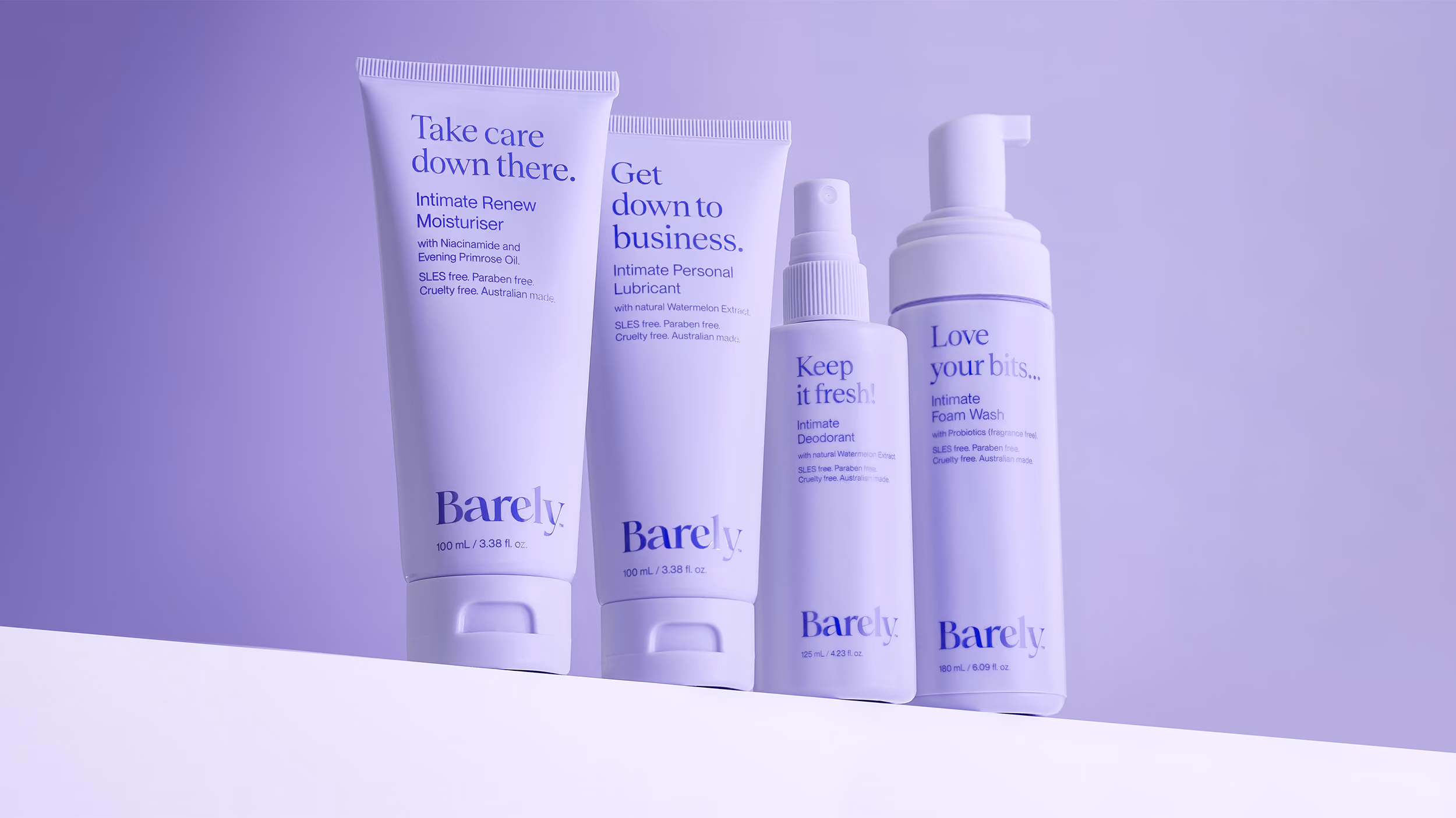 Four Barely intimate care products: Intimate Renew Moisturiser, Intimate Personal Lubricant, Intimate Deodorant, and Intimate Foam Wash.
