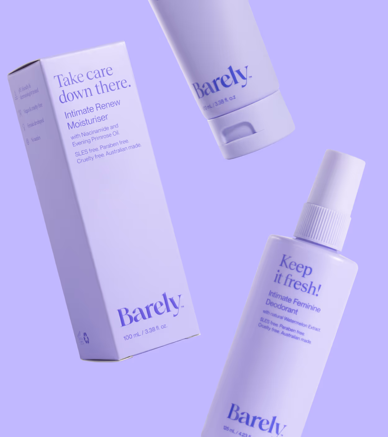 Three Barely brand intimate care products on a purple background, including Intimate Renew Moisturiser, a lotion tube, and Intimate Feminine Deodorant spray.