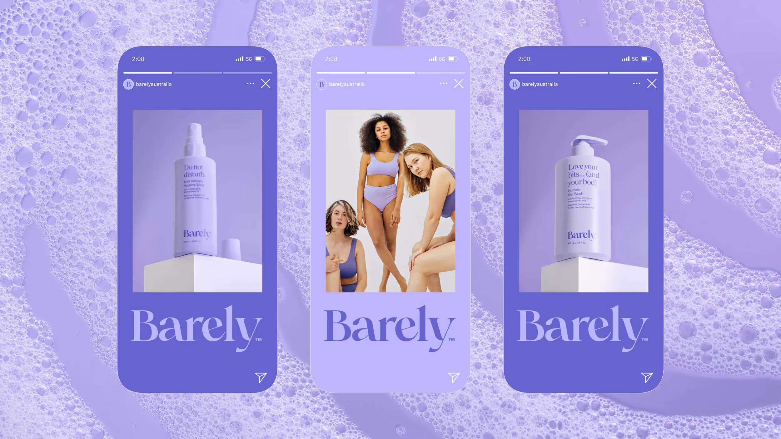 Three Instagram story frames showing Barely intimate skincare products and diverse women in lavender activewear on a purple bubbly background.