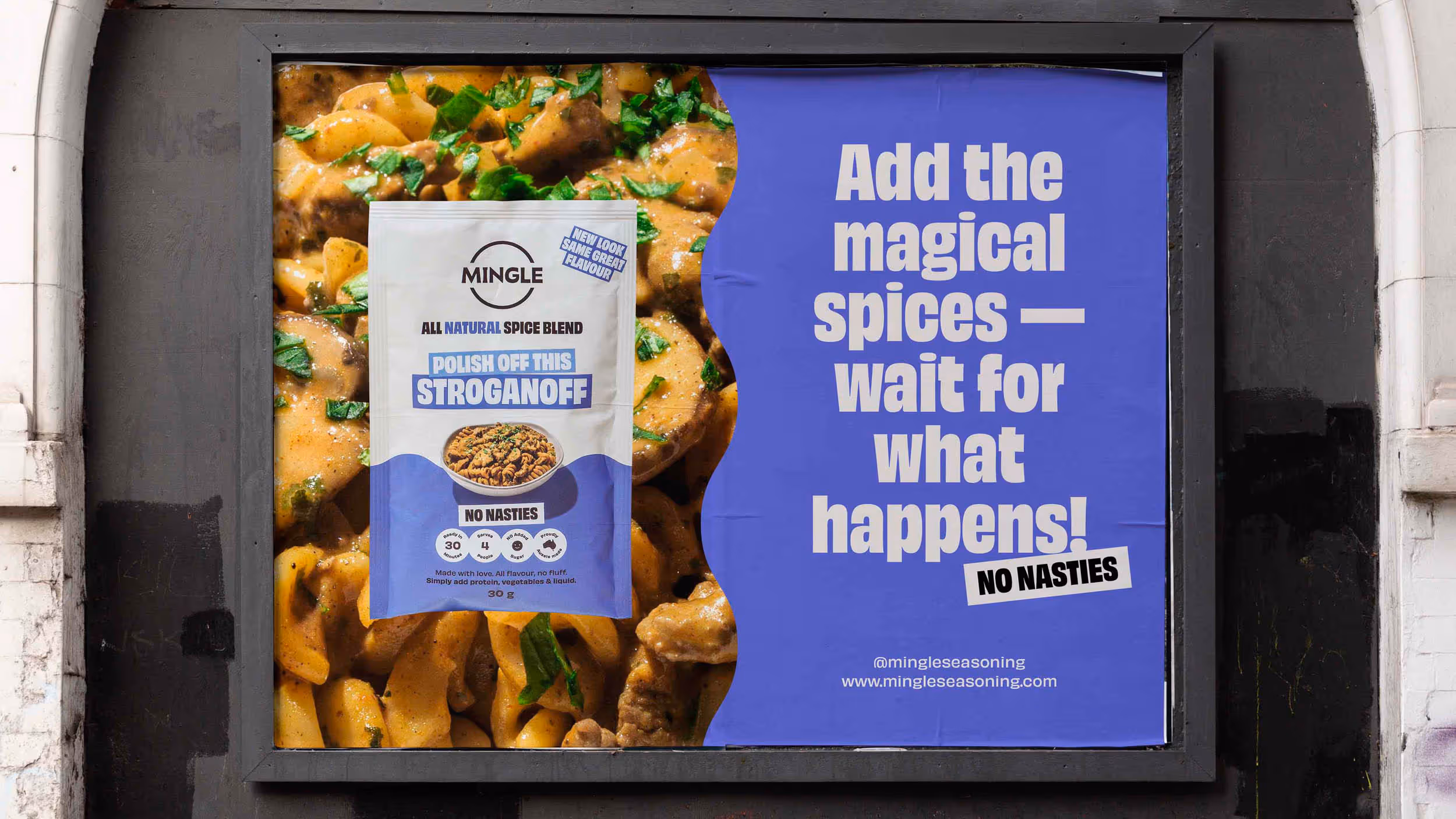 Billboard featuring a packet of Mingle's all natural Stroganoff spice blend on a creamy stroganoff background with text urging to add magical spices and wait, emphasizing no nasties.
