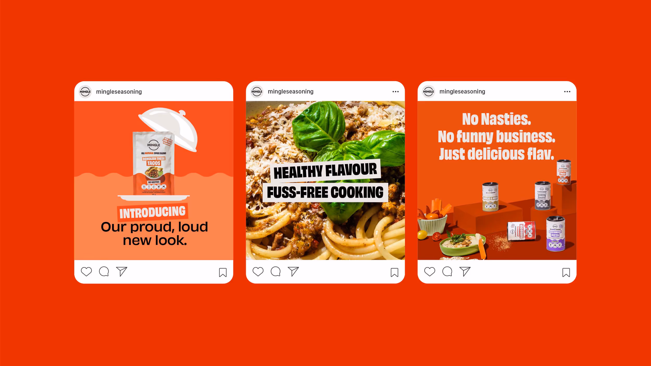 Three Instagram posts by mingleseasoning on red background, showing new seasoning packaging, a plate of pasta with basil labeled 'Healthy flavour fuss-free cooking,' and various seasoning cans with text 'No Nasties. No funny business. Just delicious flav.'