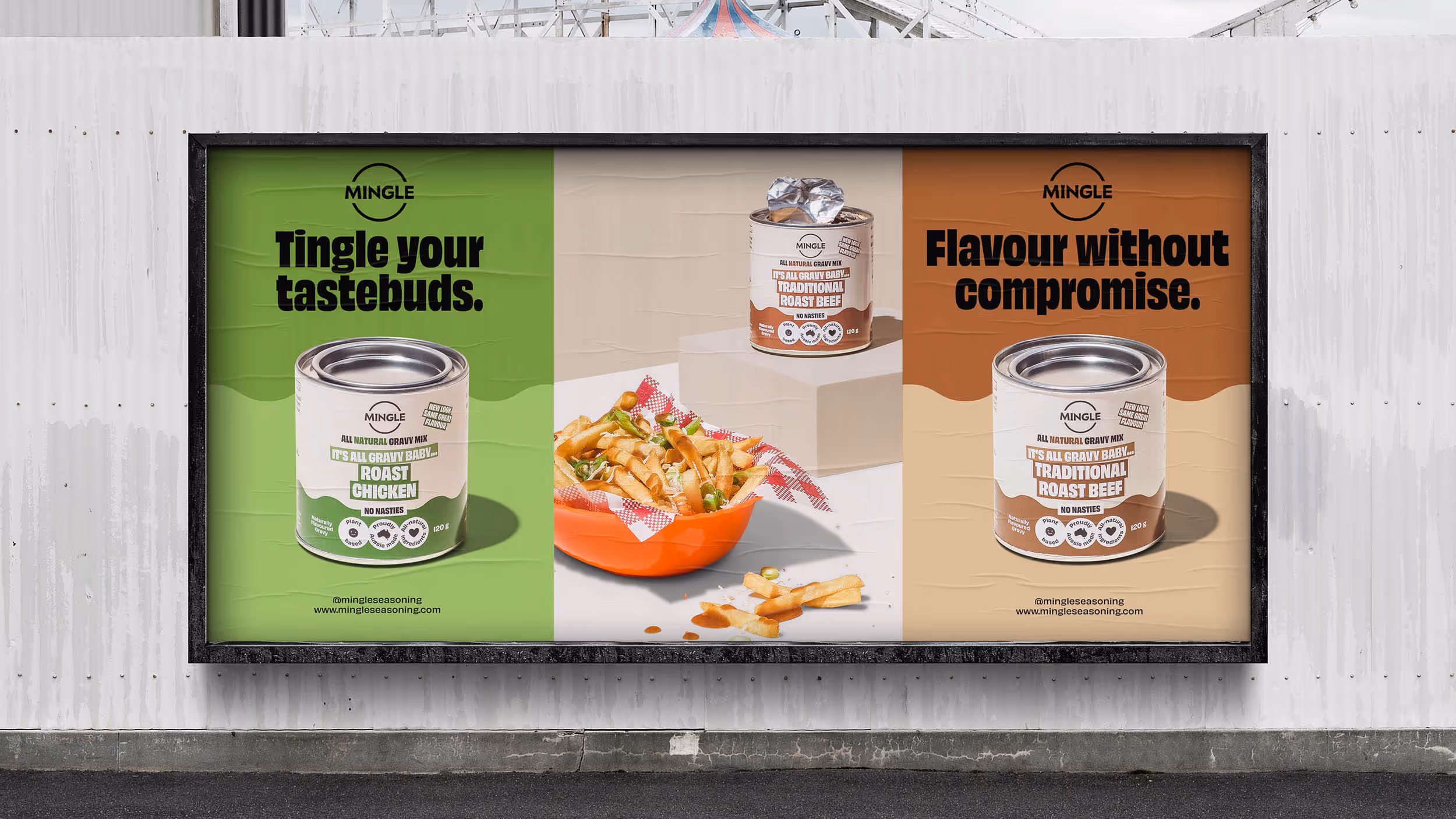 Billboard ad for Mingle gravy mix showing cans of Roast Chicken and Traditional Roast Beef flavors with fries in the center.