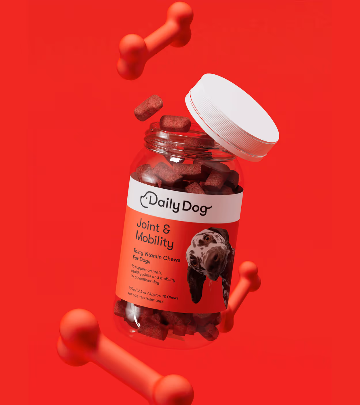 Open jar of Daily Dog Joint & Mobility vitamin chews for dogs with a dog's face on the label and floating red bone shapes on a red background.