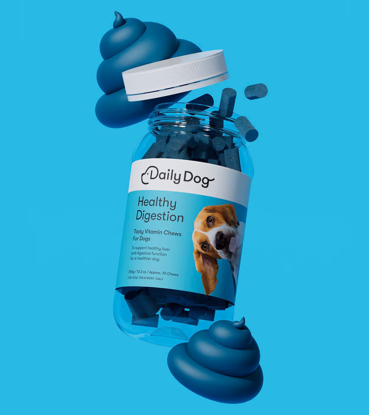 Bottle of Daily Dog Healthy Digestion vitamin chews for dogs with a playful dog image on the label, surrounded by blue poop icons.