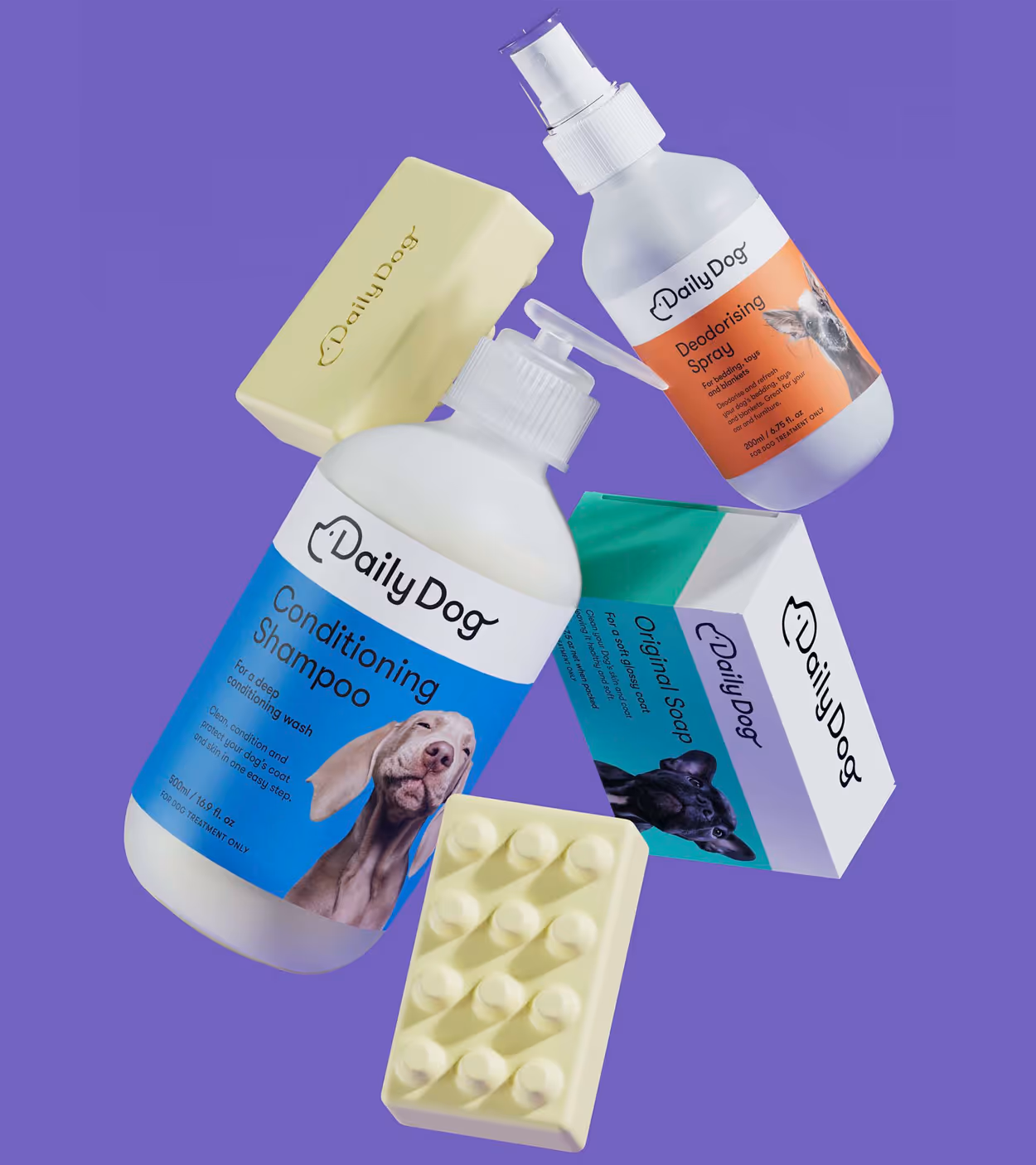 Daily Dog pet care products including conditioning shampoo, deodorising spray, original soap bars, and packaging with dog images on a purple background.