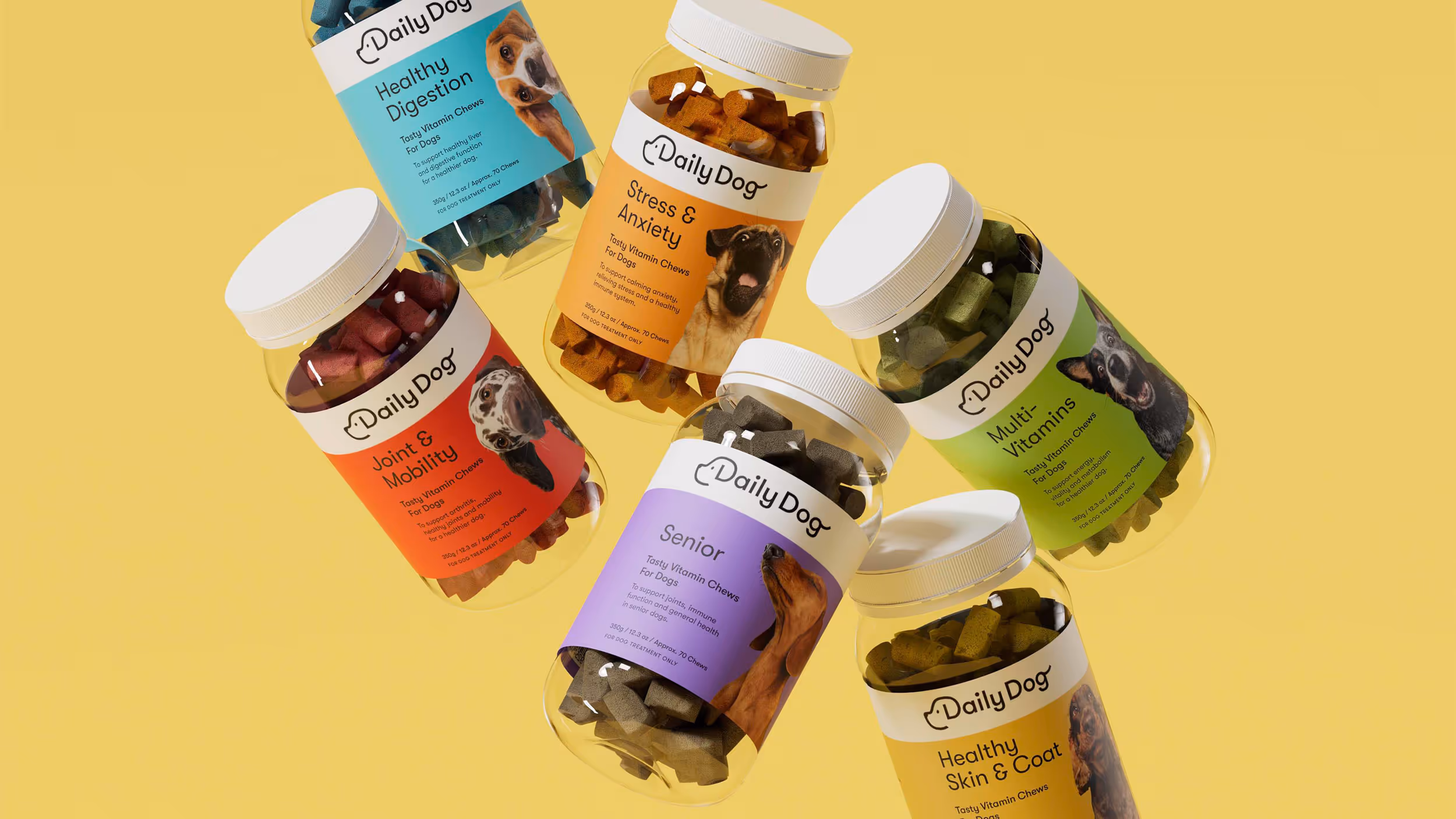 Six Daily Dog vitamin chew bottles for dogs, including Healthy Digestion, Stress & Anxiety, Joint & Mobility, Multi-Vitamins, Senior, and Healthy Skin & Coat on a yellow background.