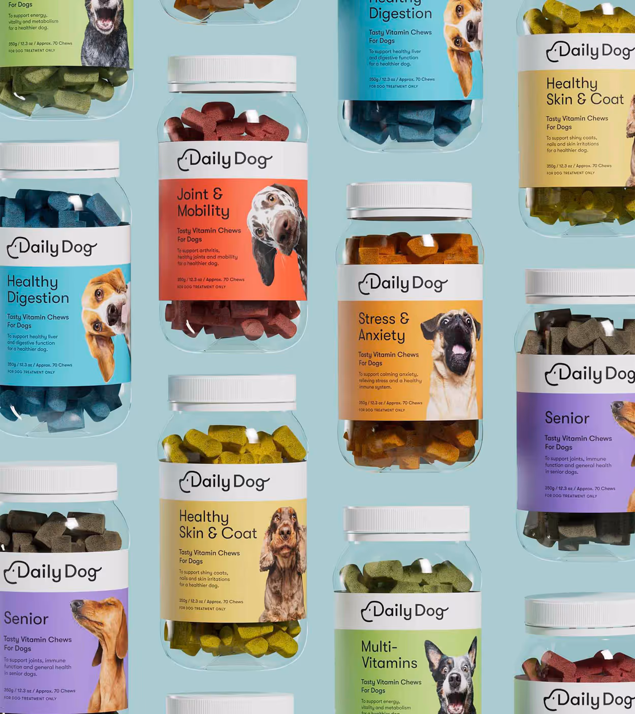 Various Daily Dog vitamin chew bottles for dogs featuring labels for Multi-Vitamins, Healthy Digestion, Joint & Mobility, Stress & Anxiety, Healthy Skin & Coat, and Senior.