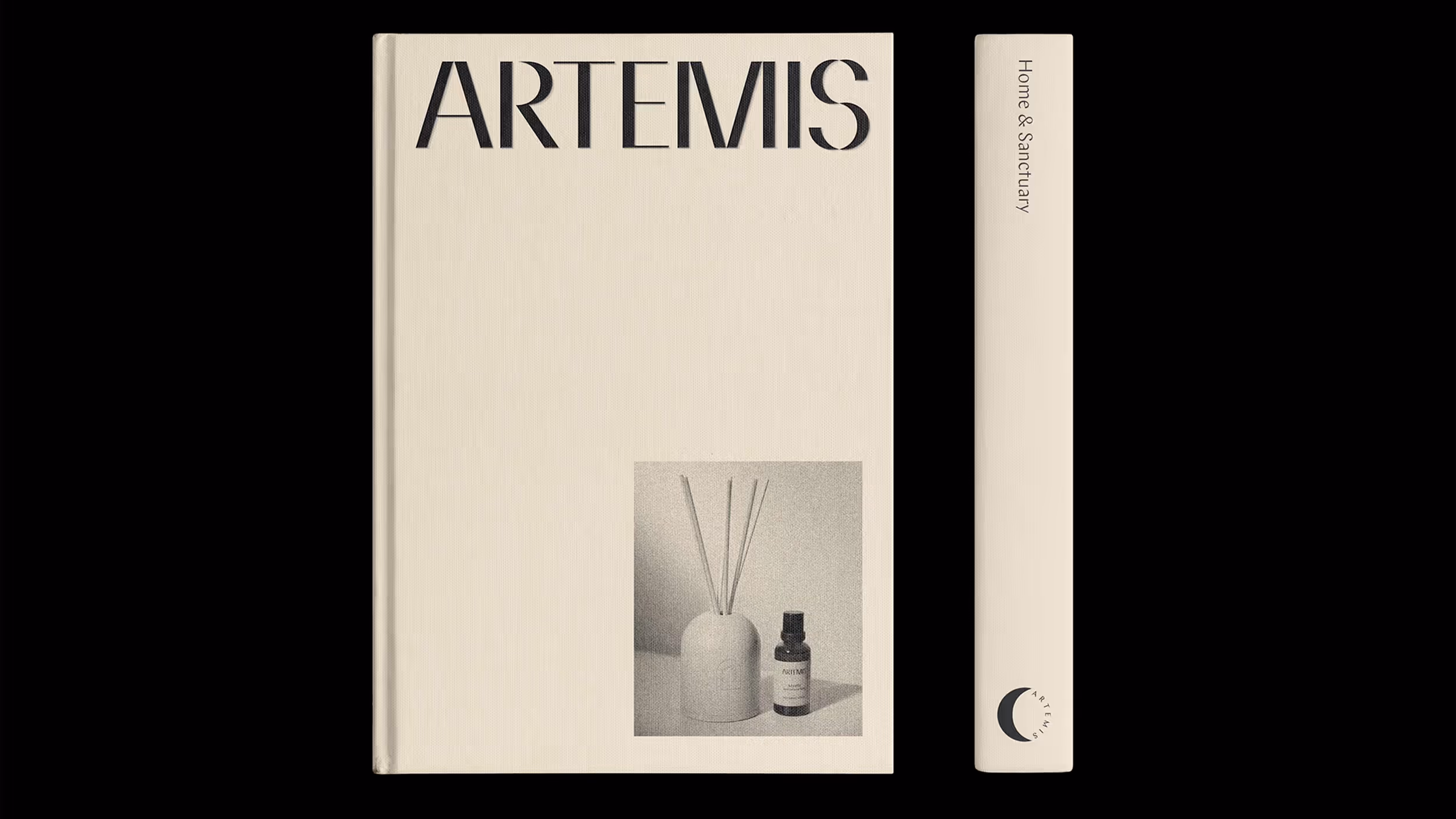 Cream-colored book titled 'ARTEMIS' with a small image of a reed diffuser and a bottle on the cover, and spine labeled 'Home & Sanctuary' with a crescent moon logo.