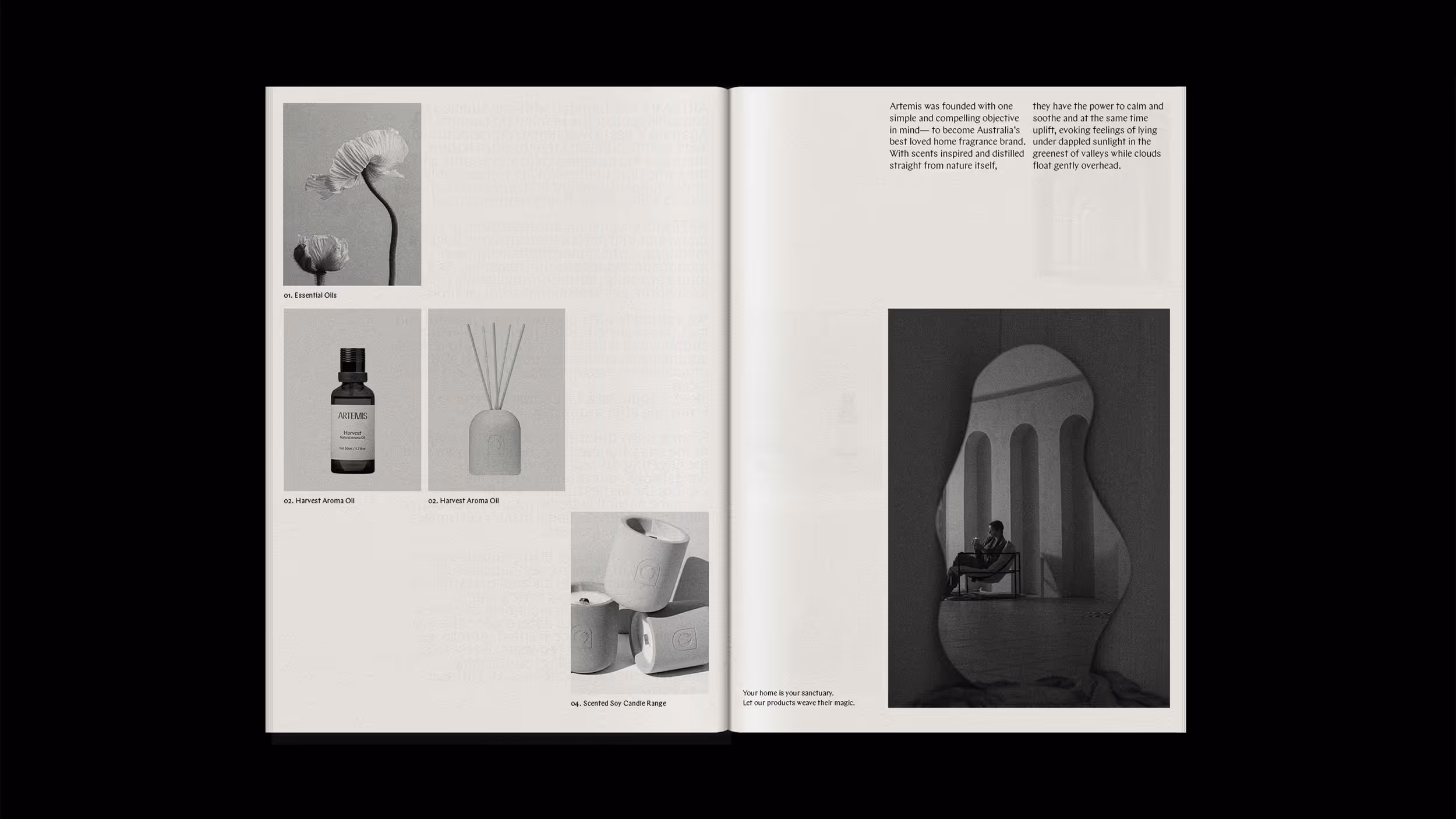 Open spread of a magazine with images of essential oils, aroma oil bottles, scented soy candles, and a person sitting reflected in a wavy mirror with text about Artemis home fragrance brand.