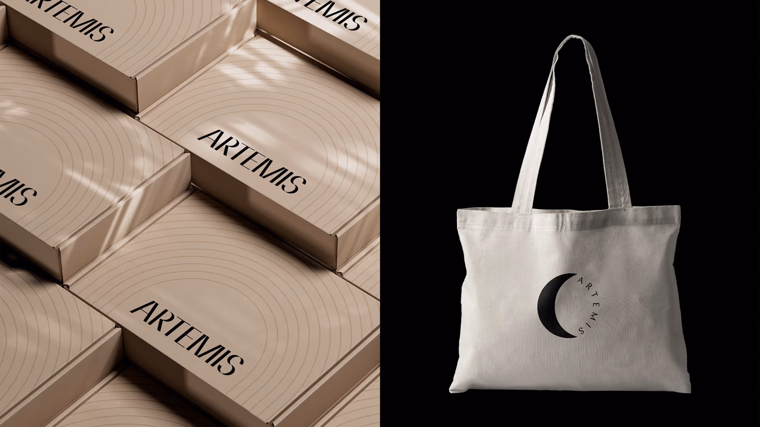 Beige boxes with the word 'ARTEMIS' in black font next to a beige canvas tote bag with a black crescent moon and the word 'ARTEMIS' curved around it on a black background.