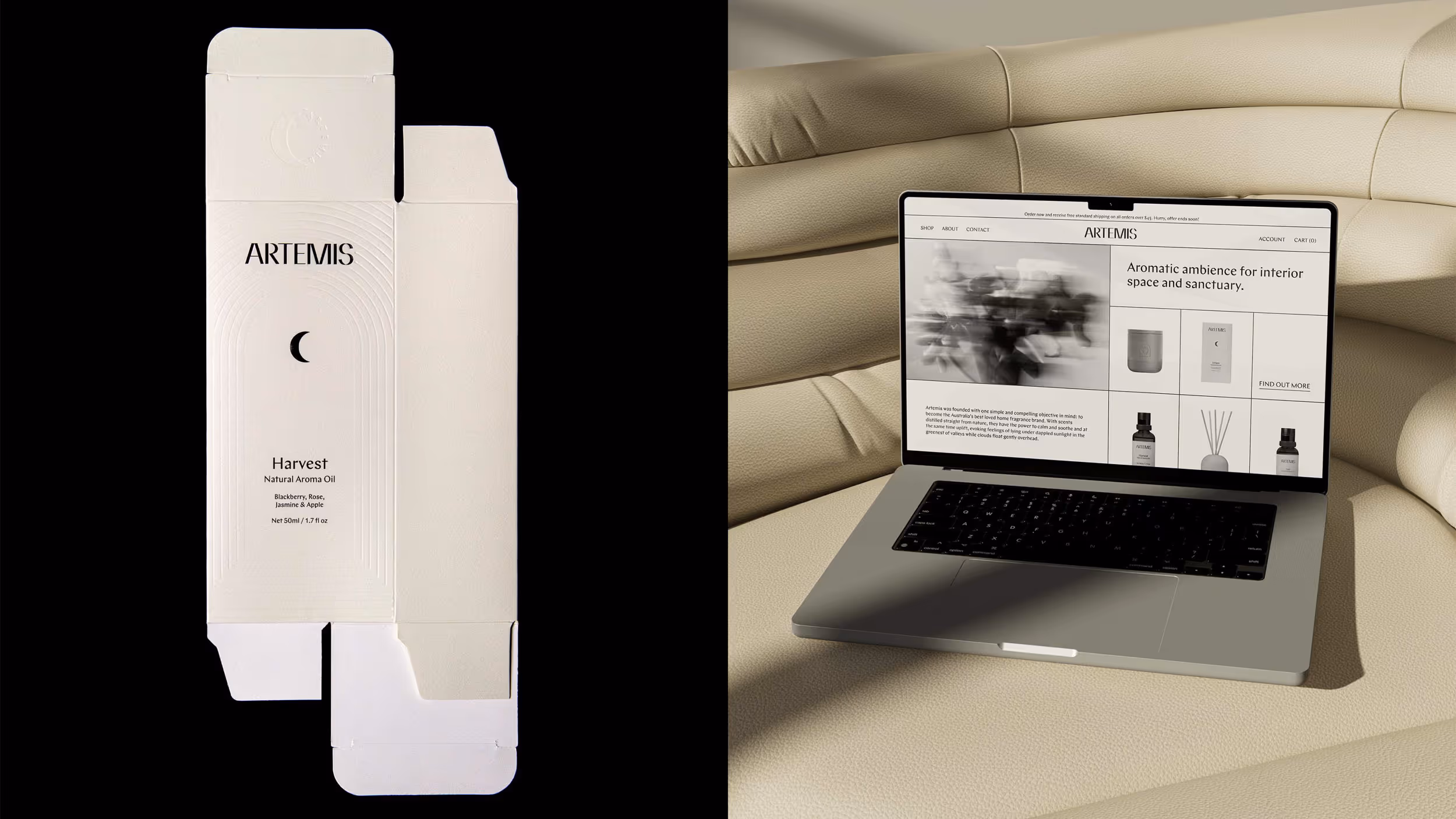 Flat packaging design for Artemis Harvest Natural Aroma Oil on left; laptop on beige couch screen showing Artemis aroma product website on right.