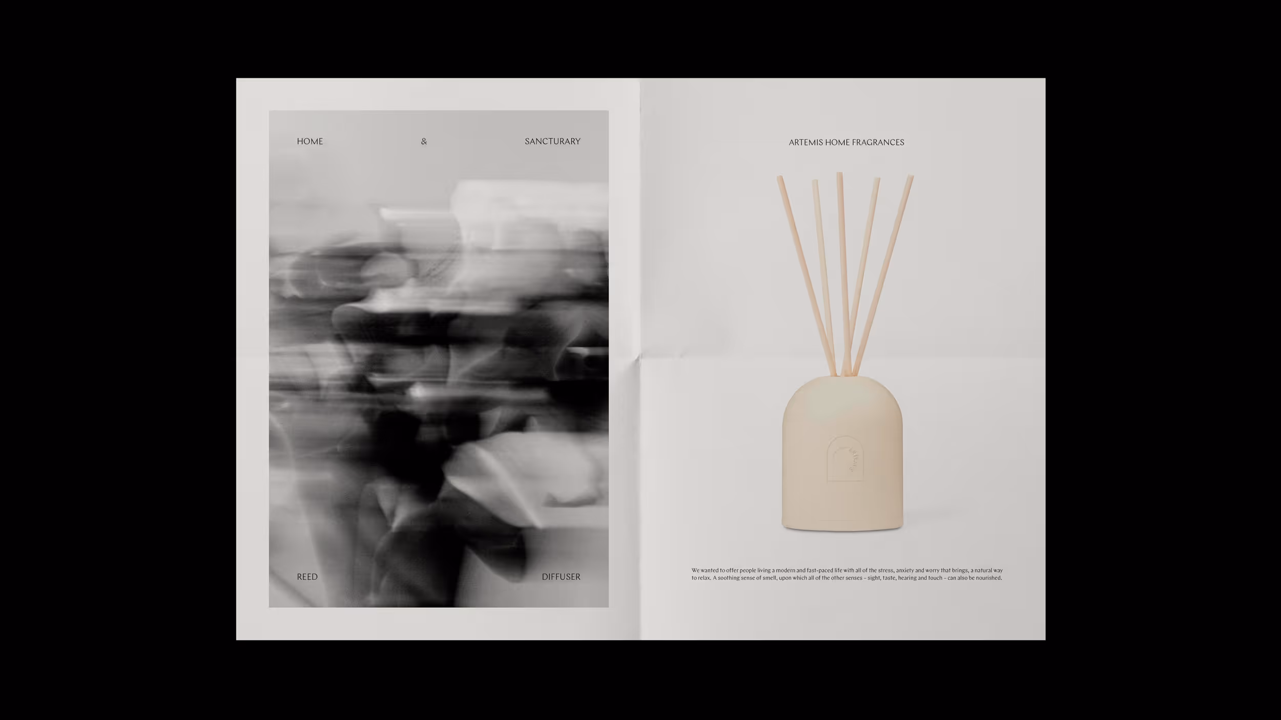 Minimalist beige reed diffuser with five sticks on a pale background with blurred black and white abstract art on the left.