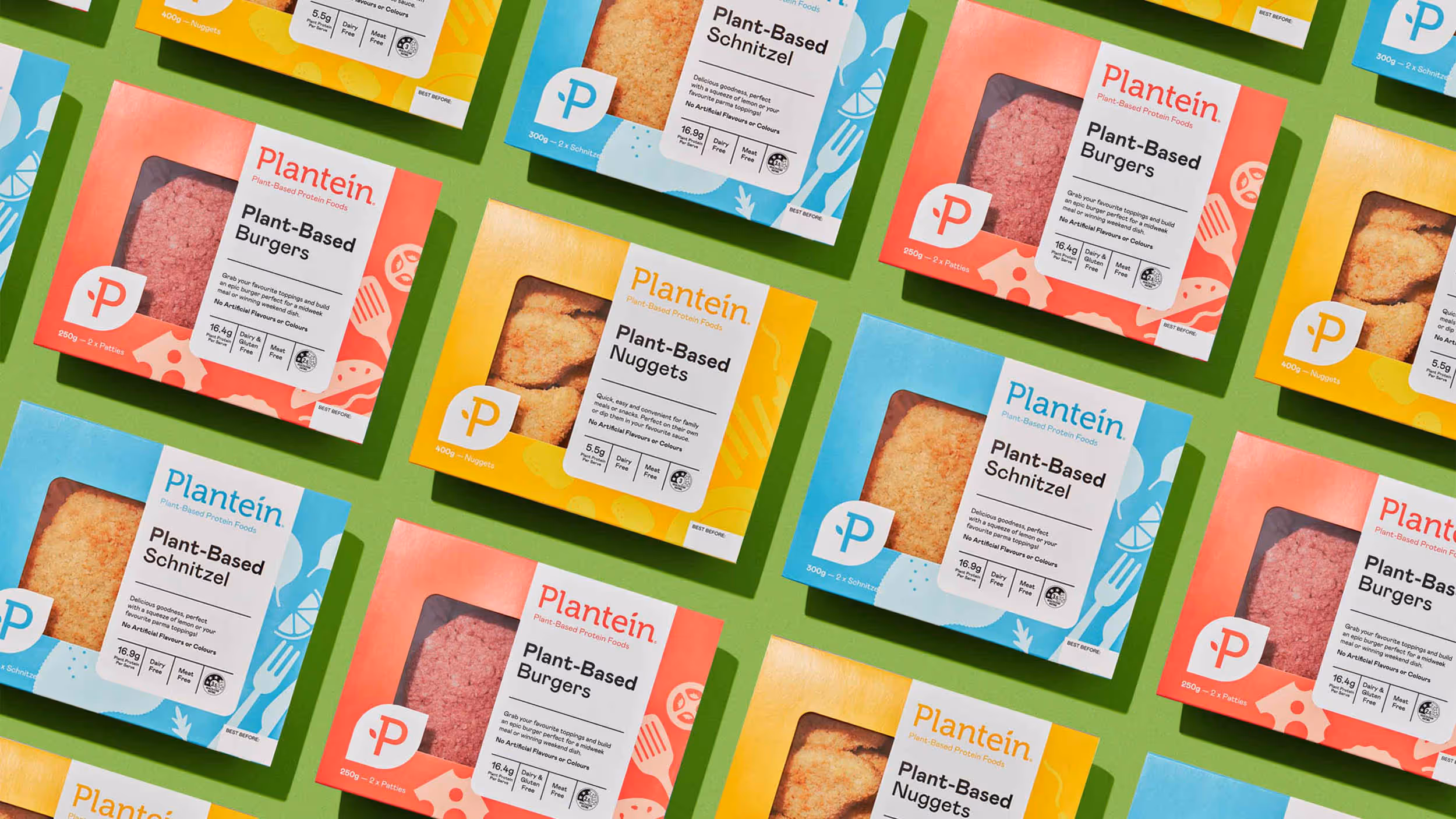 Multiple Plantein plant-based protein food packages including Plant-Based Burgers in red, Plant-Based Schnitzel in blue, and Plant-Based Nuggets in yellow arranged on a green background.