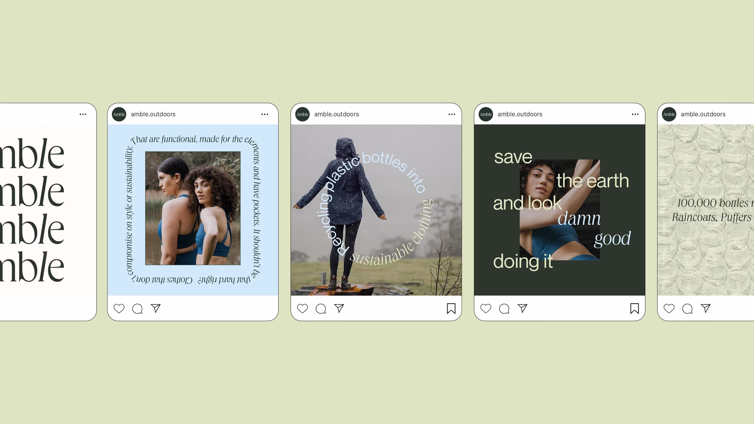 Five Instagram-style posts from amble.outdoors showing themes of sustainable clothing, featuring people in outdoor clothing, text about recycled plastic bottles, and eco-friendly fashion messages.