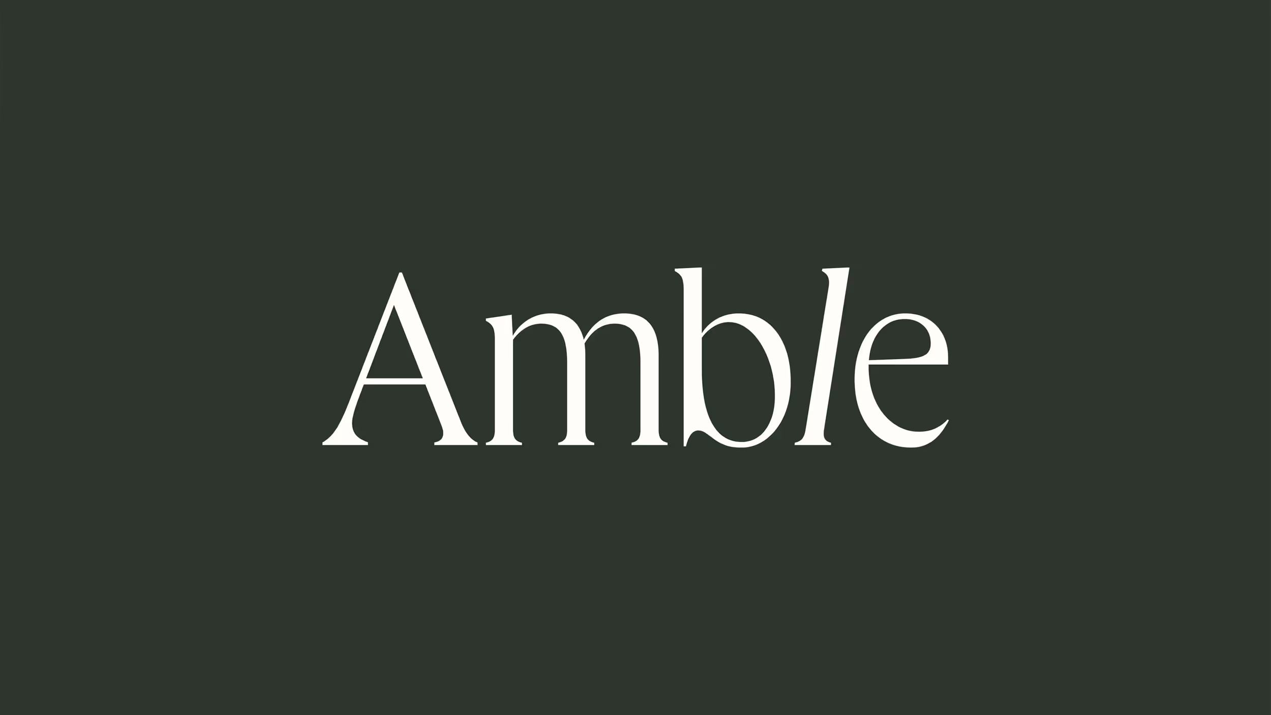 The word 'Amble' in elegant white serif font on a dark green background.