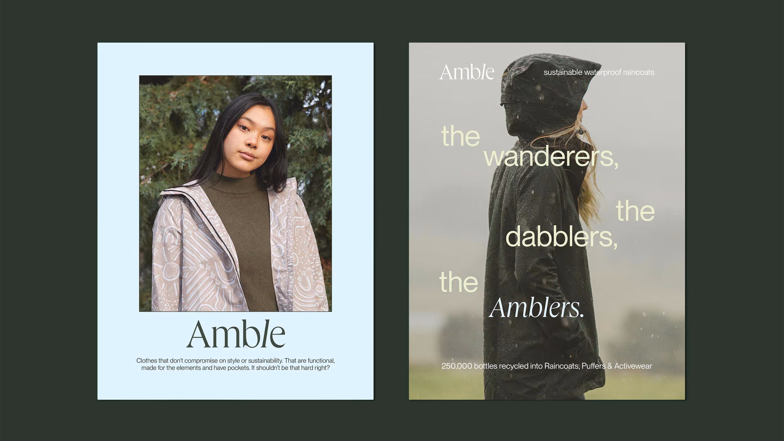 Two-part fashion ad for Amble showing a woman in a patterned raincoat on the left and a person in a black waterproof hooded coat on the right in rainy outdoor setting.