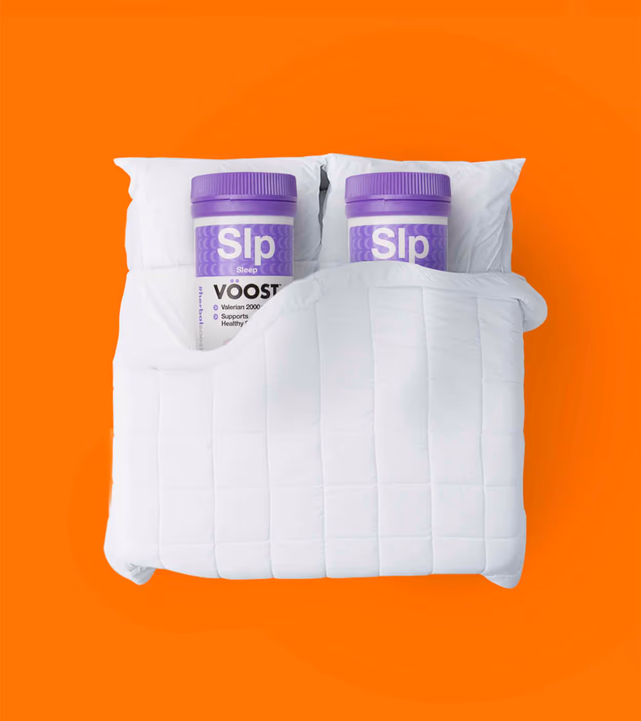 Two purple-lidded bottles labeled 'Slp Sleep' tucked in a white bed with pillows and blanket against an orange background.
