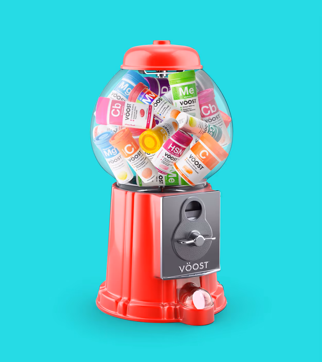 Red gumball machine filled with colorful Voost vitamin supplement bottles on a turquoise background.