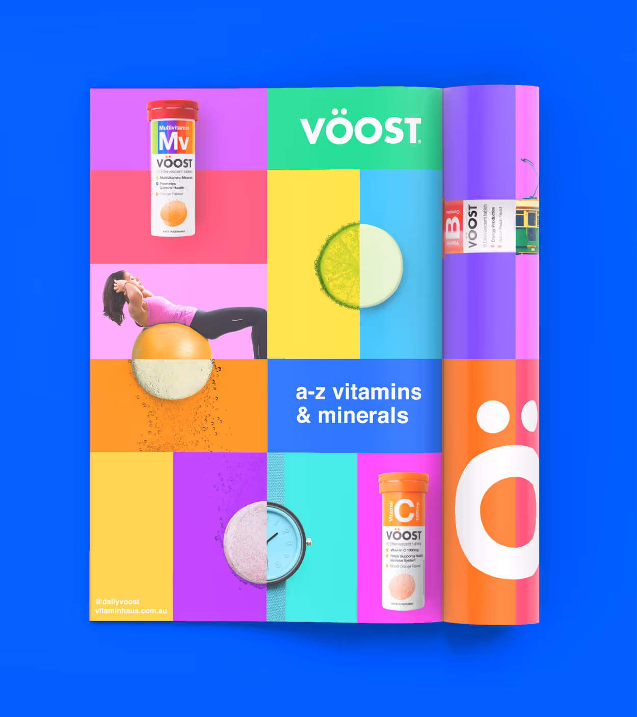 Colorful magazine spread featuring Voost vitamin products, including multivitamin, vitamin B, and vitamin C effervescent tablets, with images of a woman exercising, vitamin tablets, and text 'a-z vitamins & minerals'.