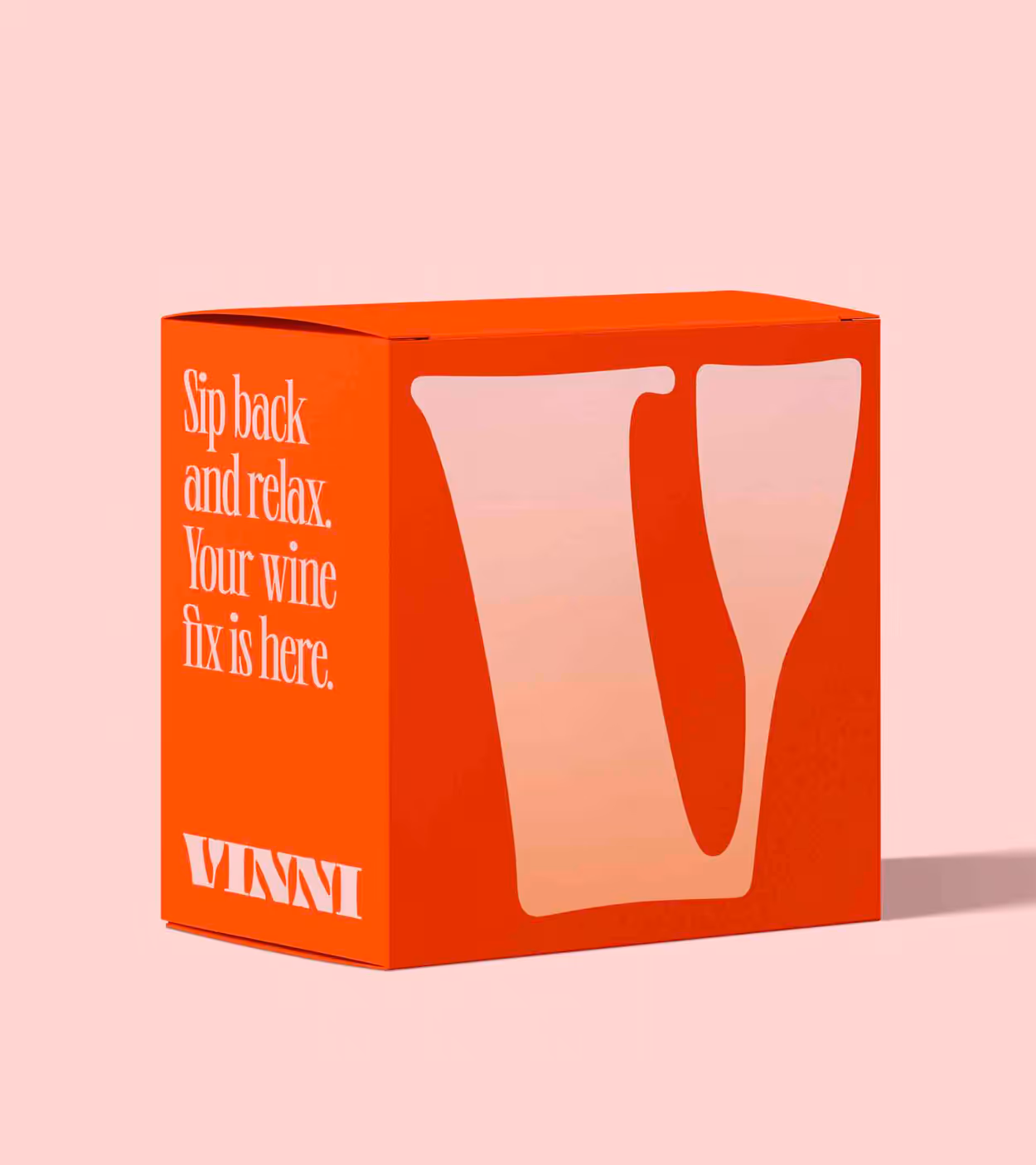 Orange box with a large stylized letter V and text 'Sip back and relax. Your wine fix is here.' on a pink background.