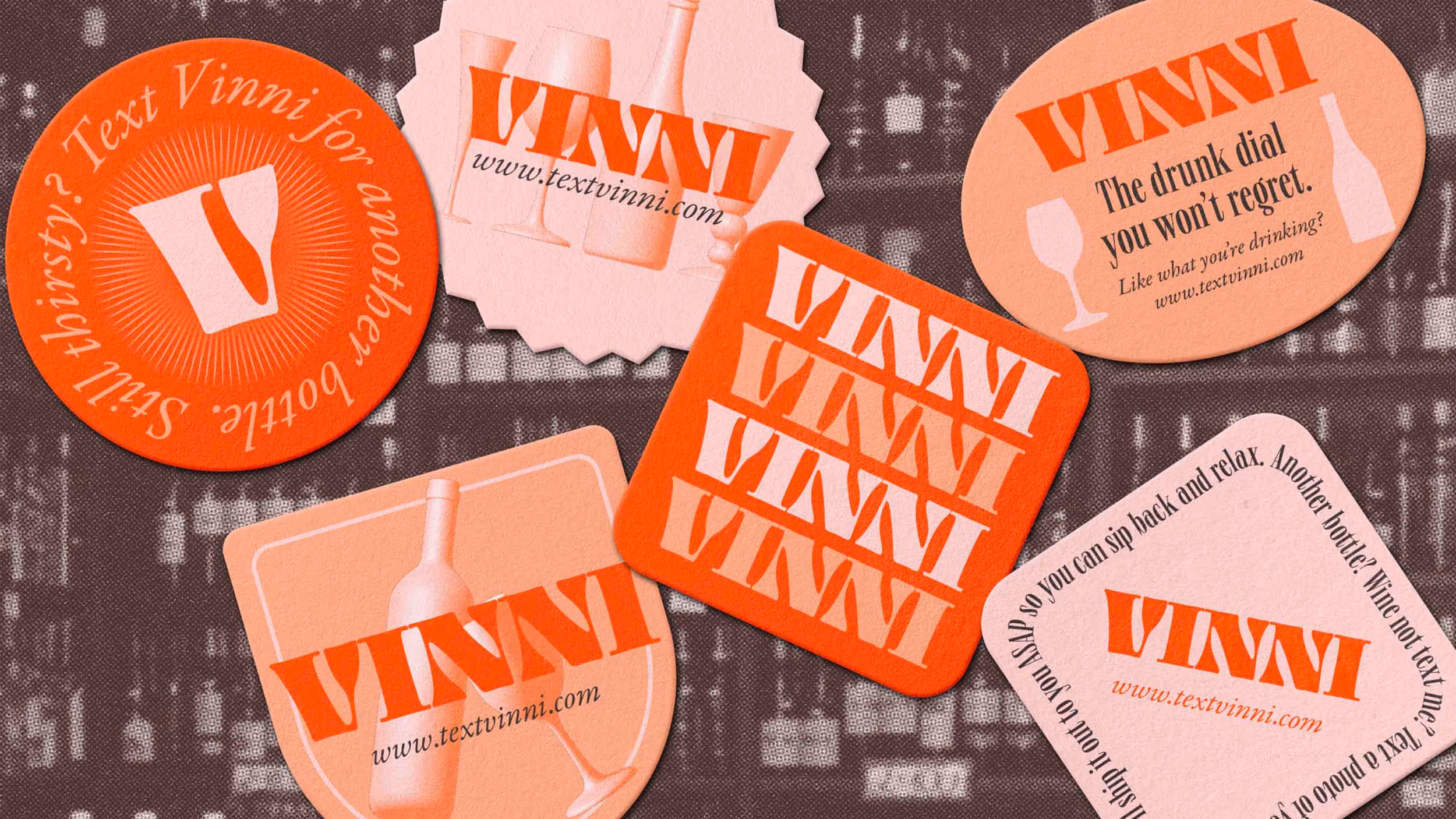 Six colorful coasters with the brand name VINNI, various wine bottle and glass images, and text slogans promoting wine and visiting www.textvinni.com.