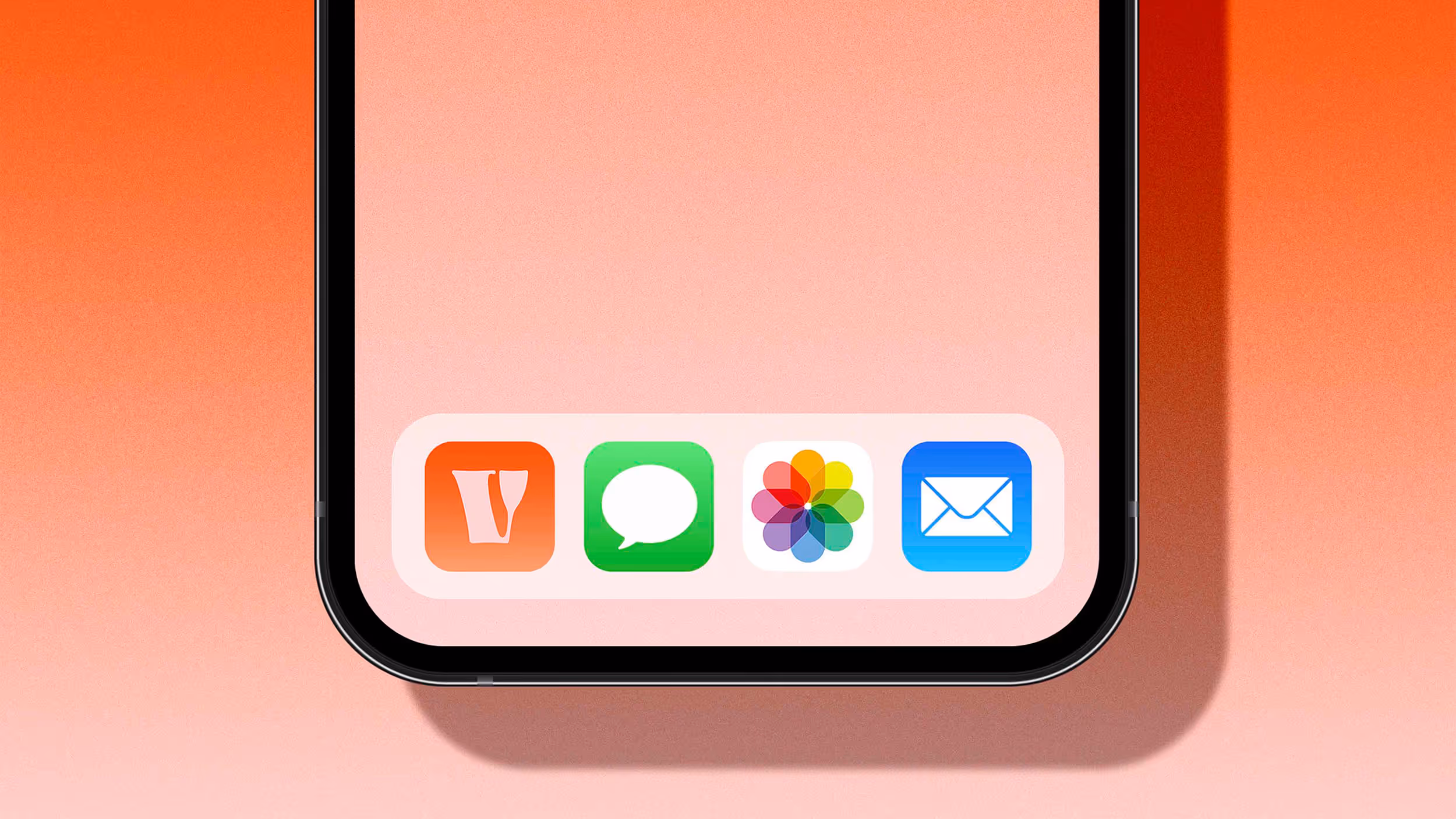 Close-up of an iPhone screen bottom corner showing phone, messages, photos, and mail app icons on a pink and orange gradient background.