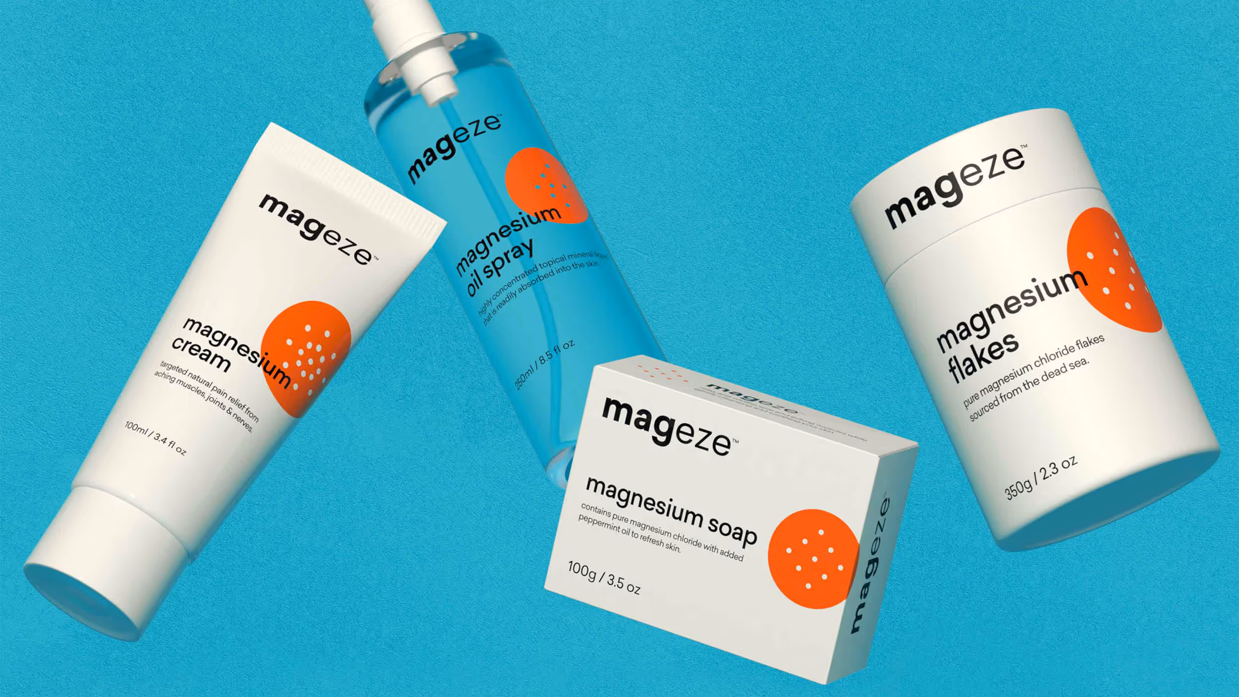 Mageze brand magnesium cream, magnesium oil spray, magnesium soap, and magnesium flakes on a blue background.