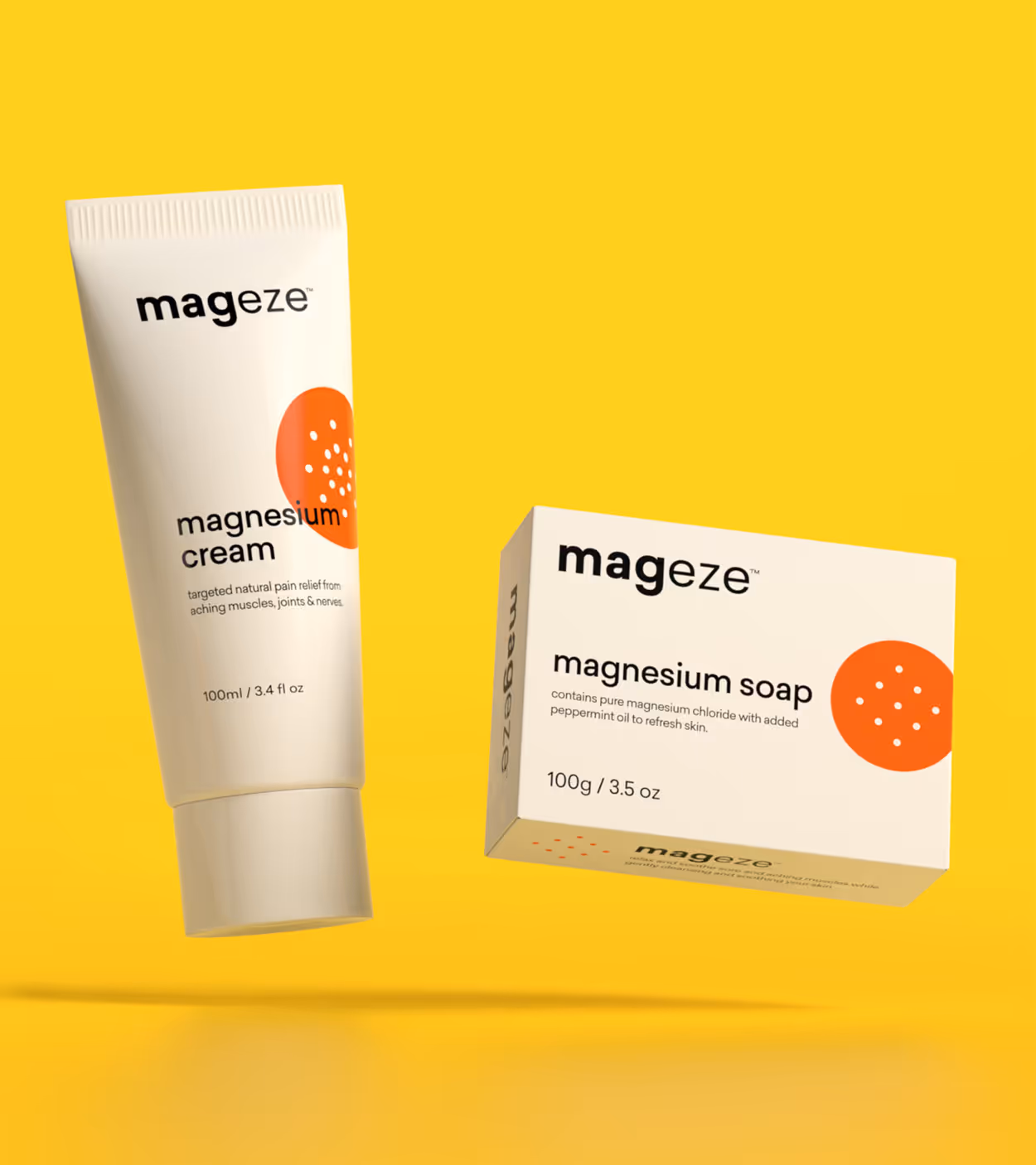 Mageze magnesium cream tube and magnesium soap box on yellow background.
