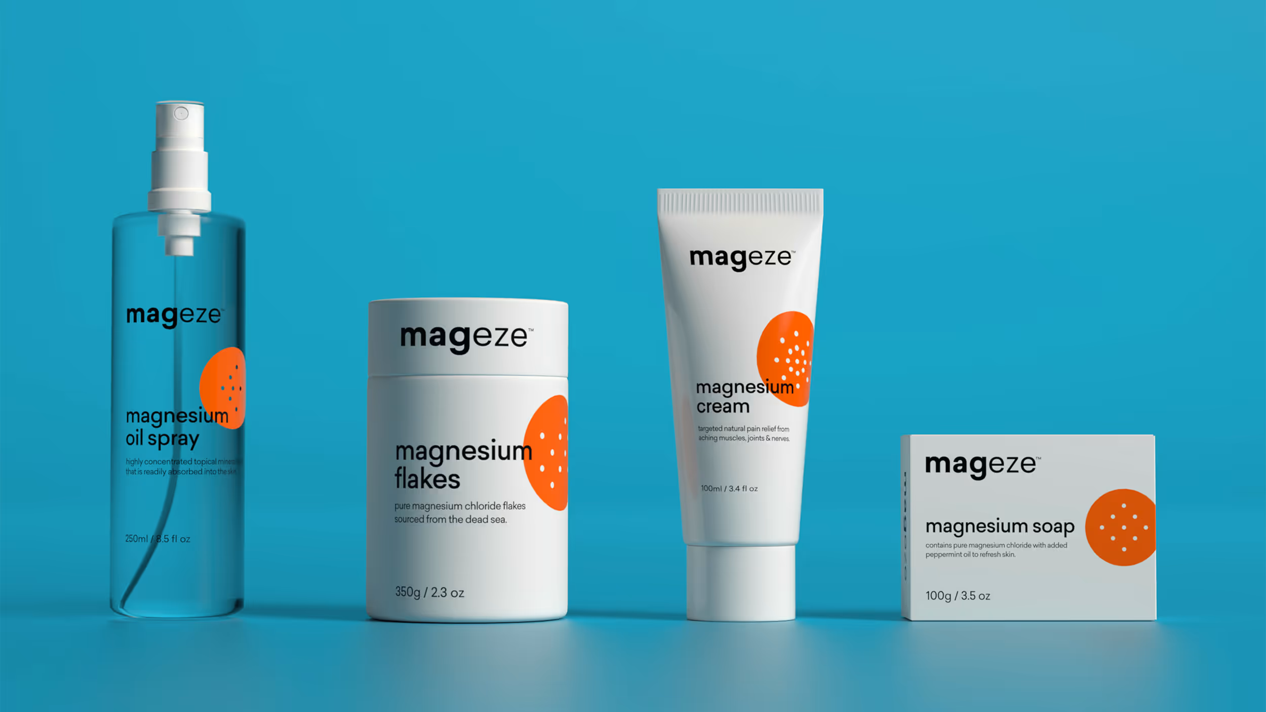 Four Mageze magnesium products on a blue background: oil spray, flakes, cream, and soap.