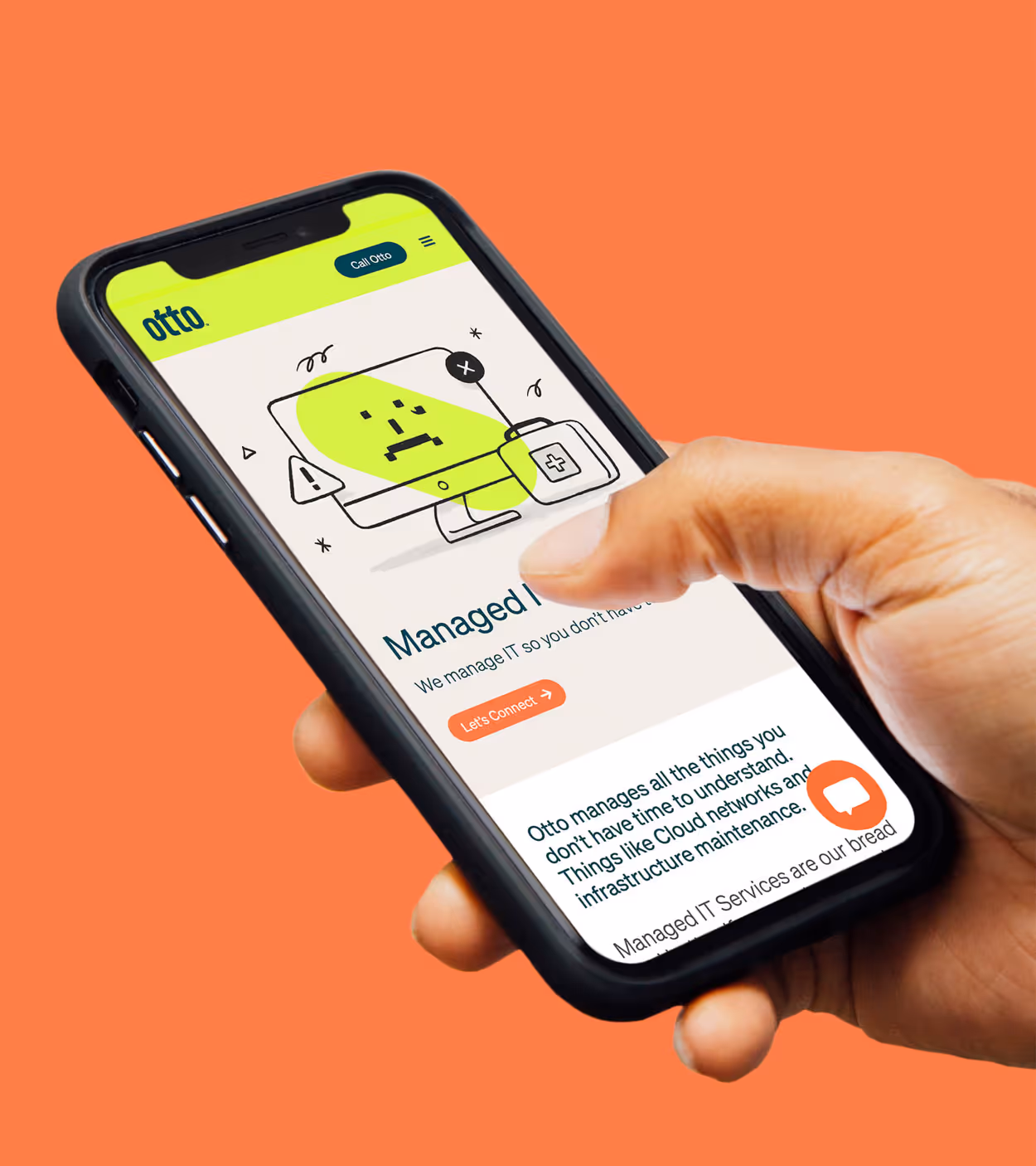 Hand holding smartphone displaying Otto IT services website with a graphic of a computer and medical kit.